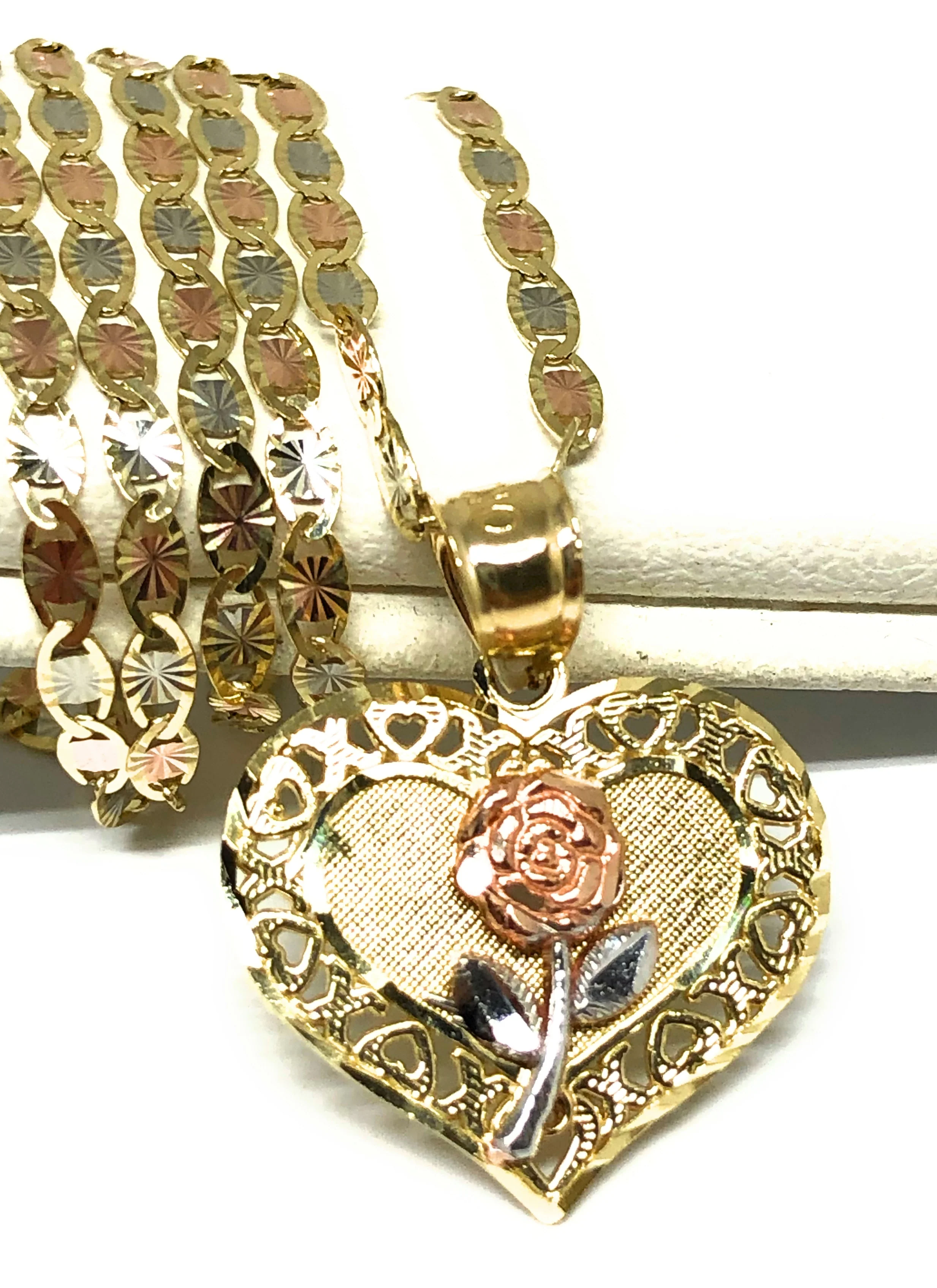 10k Solid Gold Yellow & Rose Heart Pendant Necklace Valentina Chain