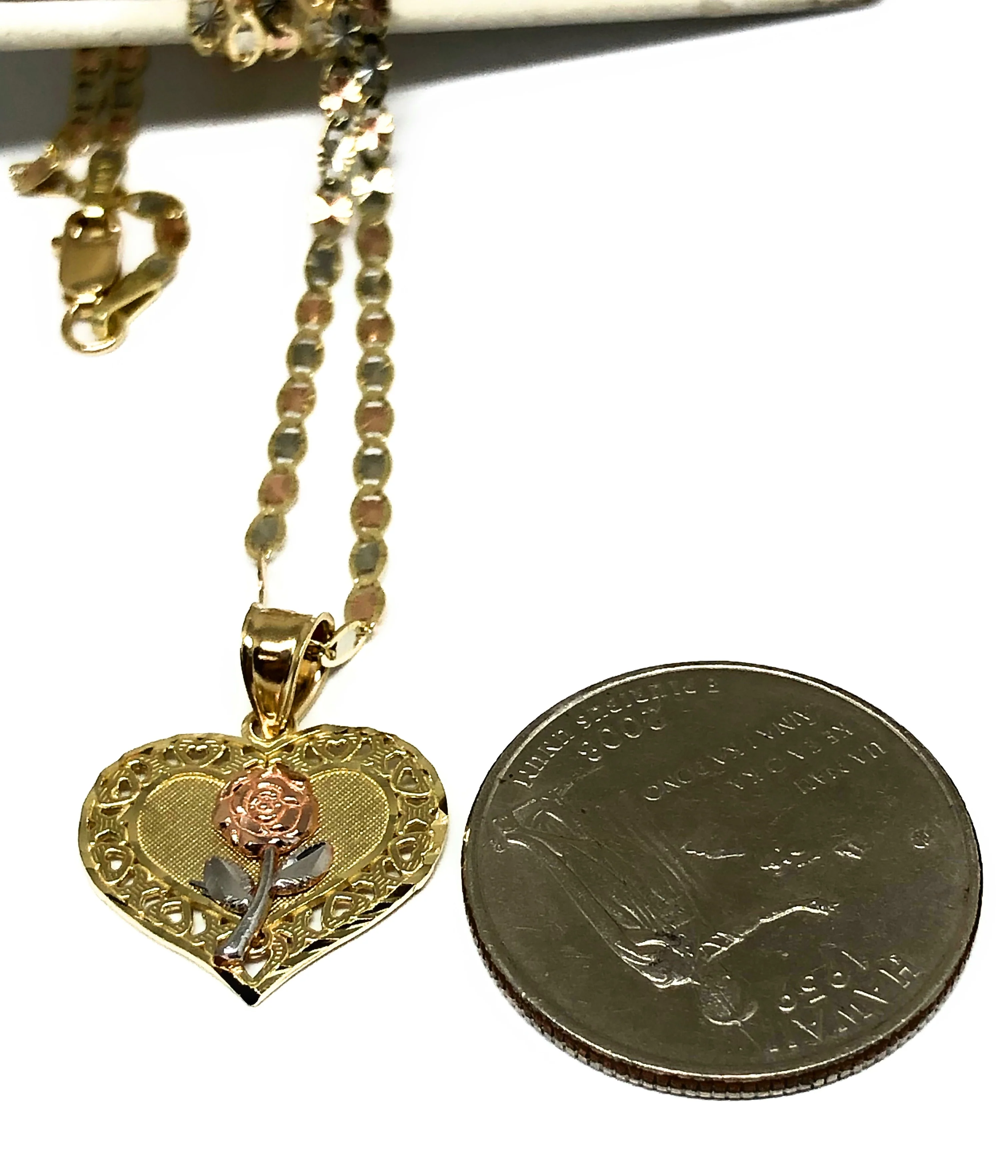 10k Solid Gold Yellow & Rose Heart Pendant Necklace Valentina Chain - Image 2