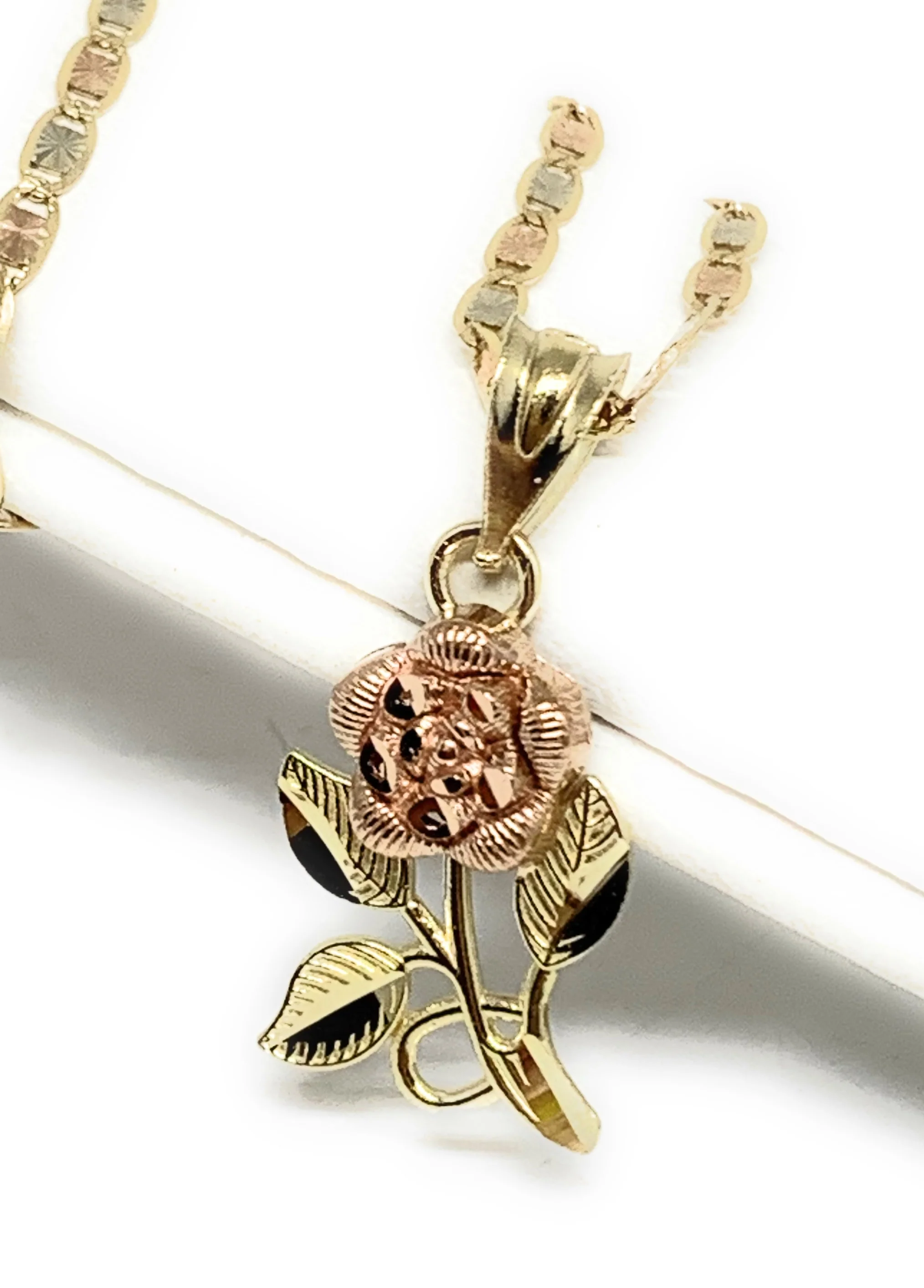 10k Solid Gold Yellow & Rose Pendant Necklace Tri-Color Valentina Chain - Image 3