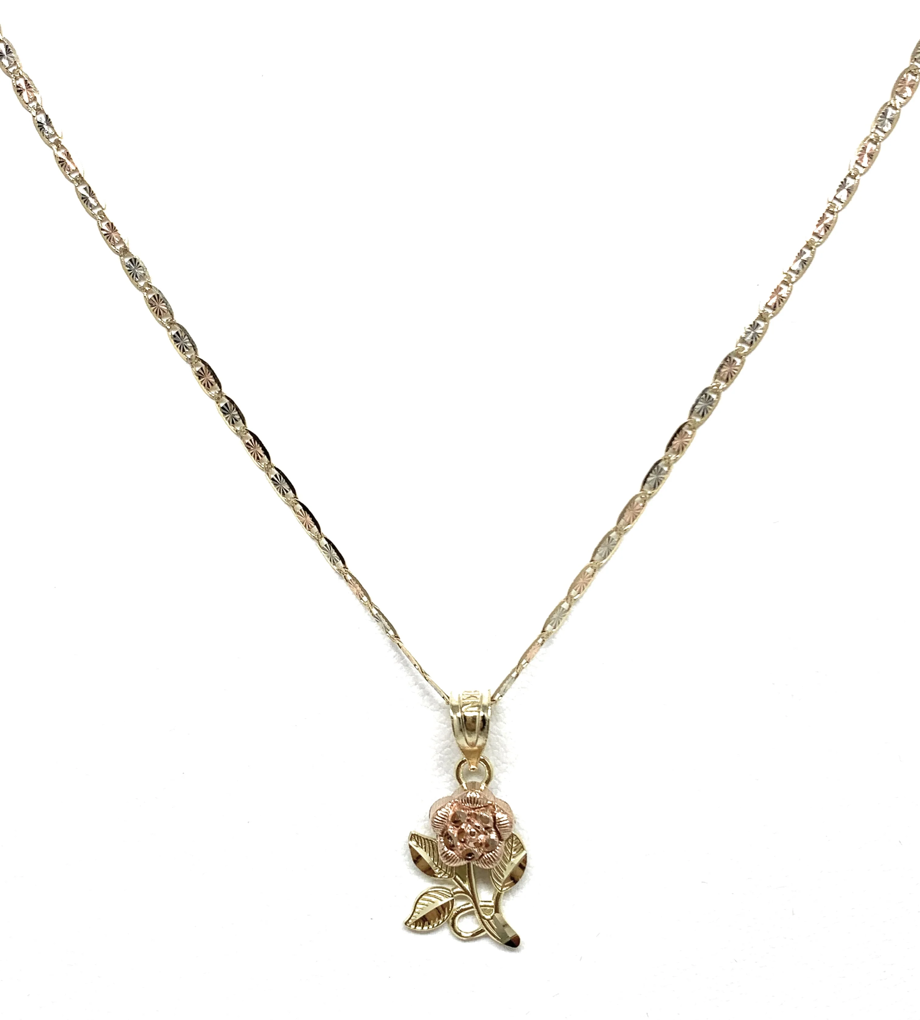 10k Solid Gold Yellow & Rose Pendant Necklace Tri-Color Valentina Chain - Image 4