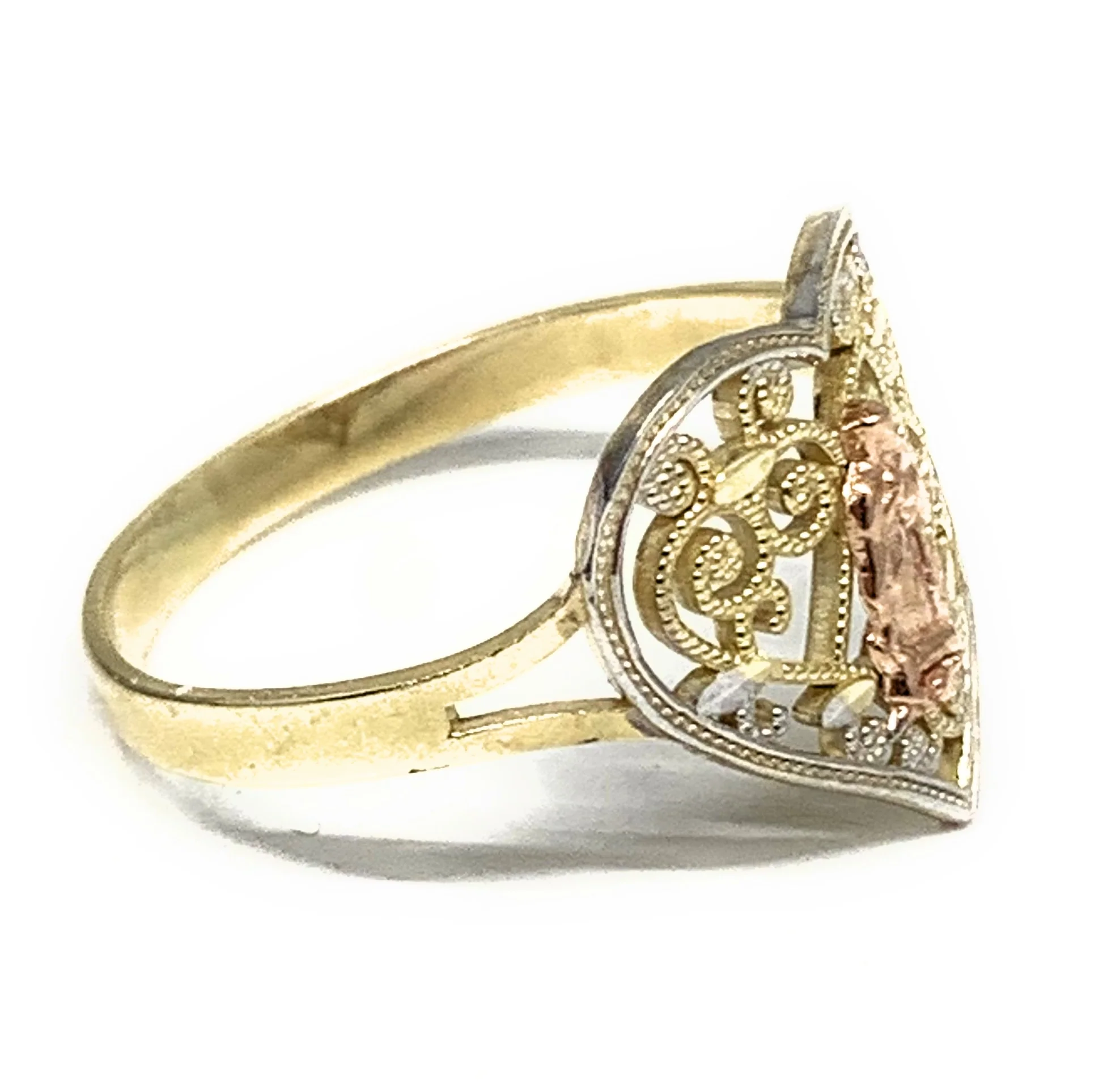 10k Solid Gold Yellow & Rose Virrgin Mary Filigran Heart Ring - Image 2