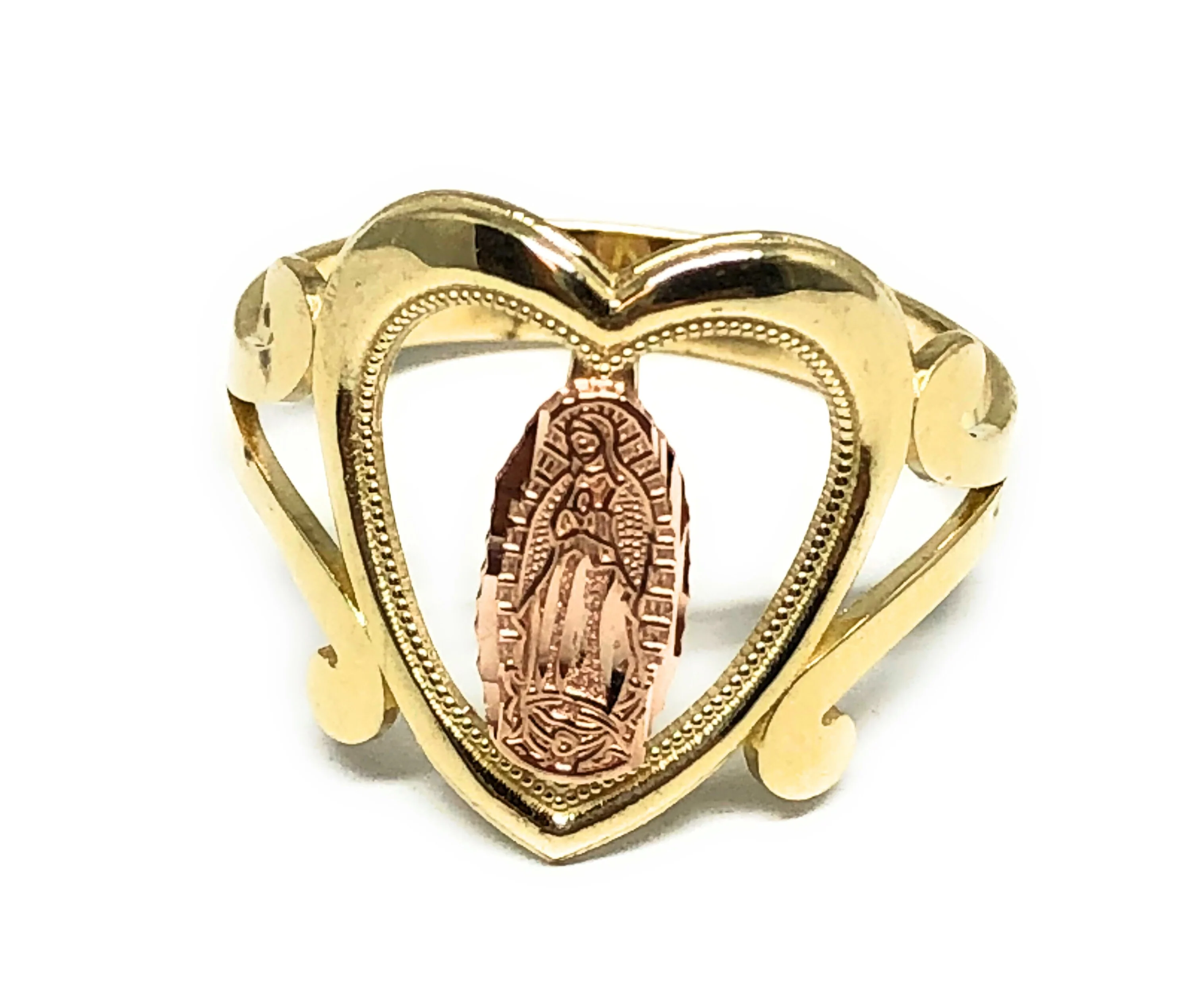 10k Solid Gold Yellow & Rose Virrgin Mary Heart Ring