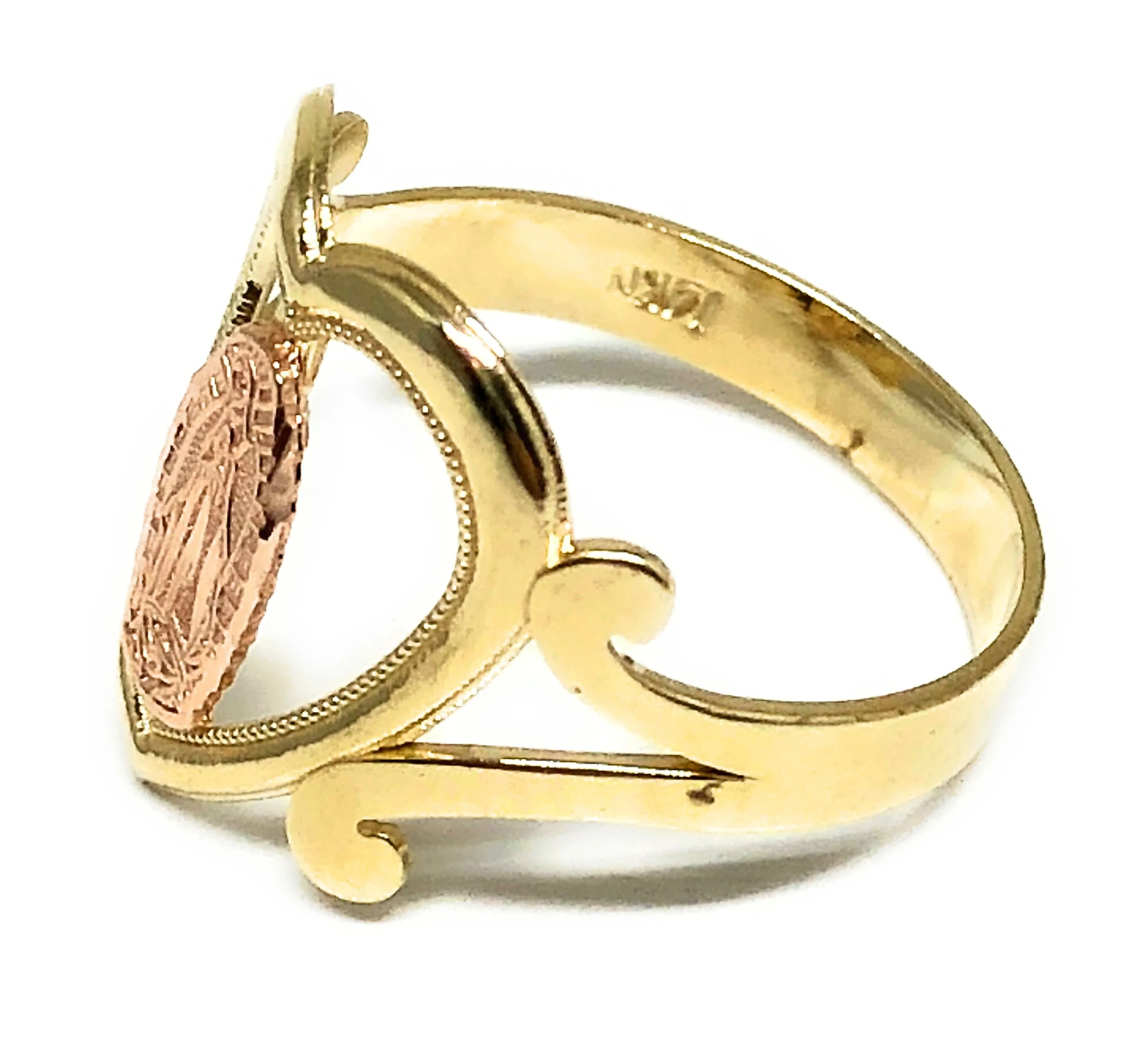 10k Solid Gold Yellow & Rose Virrgin Mary Heart Ring - Image 2