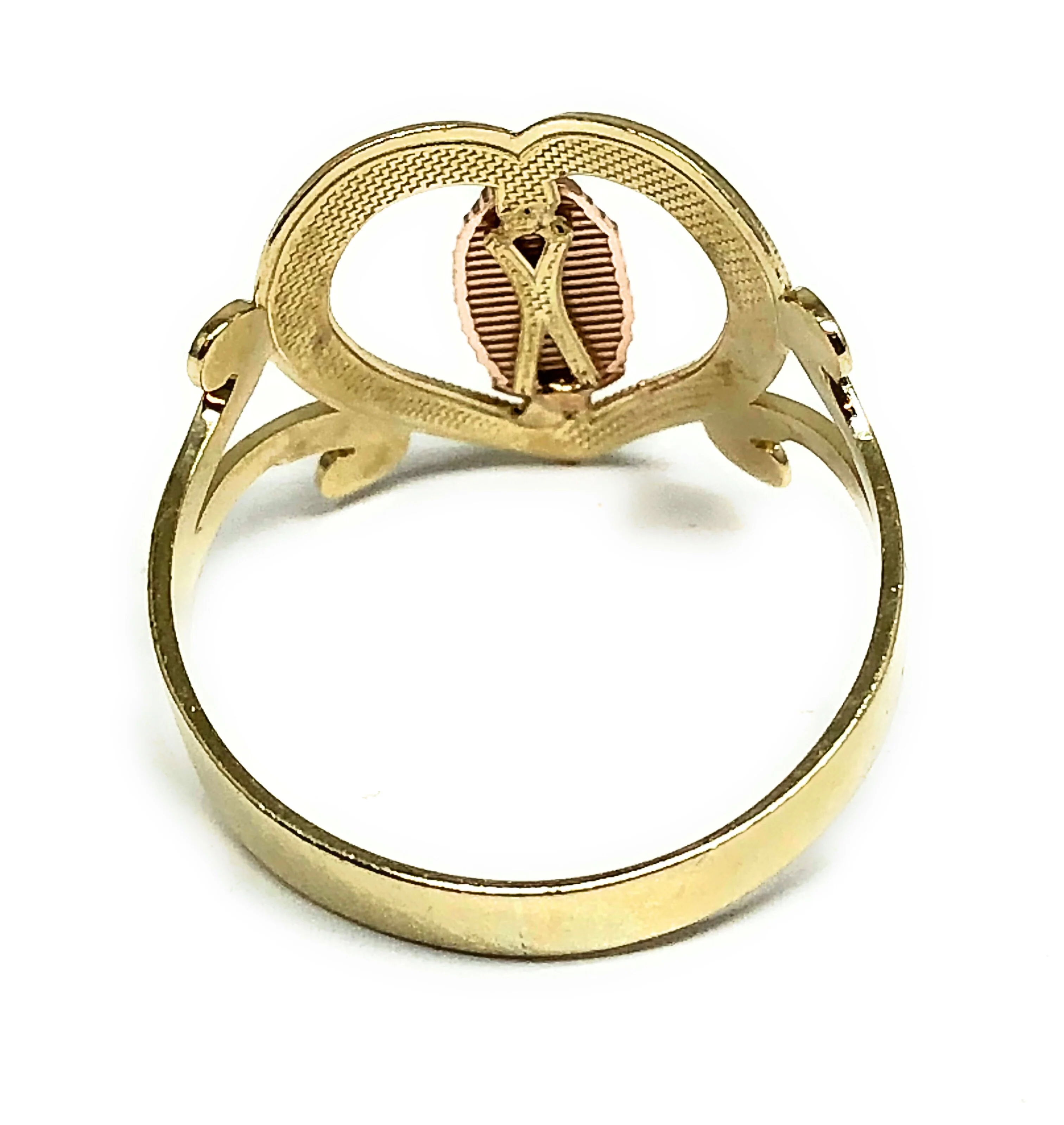 10k Solid Gold Yellow & Rose Virrgin Mary Heart Ring - Image 3