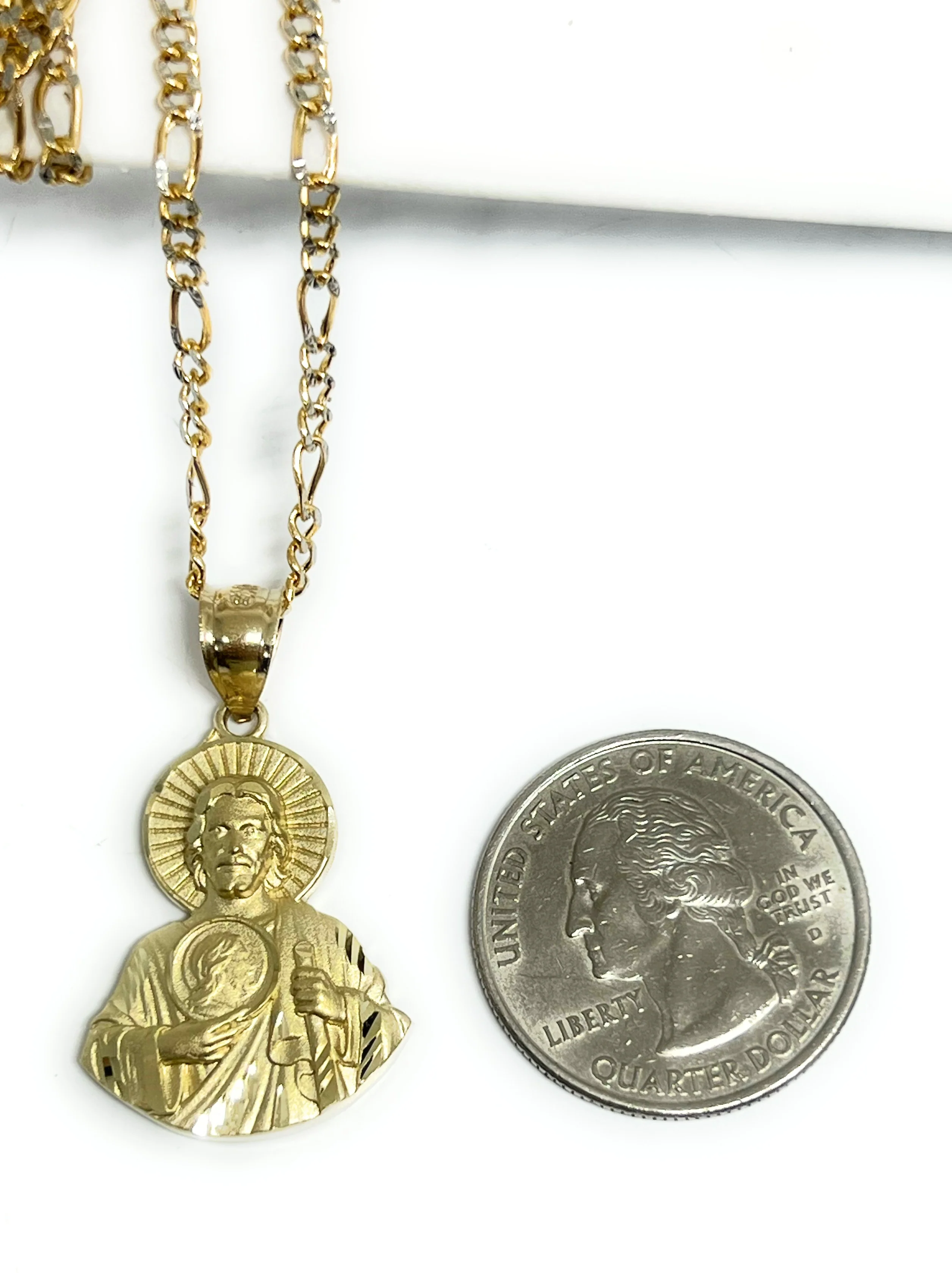 10k Solid Gold Yellow Saan Judas Saaint Jude HALF BODY Pendant Figaro Chain (LG) - Image 3
