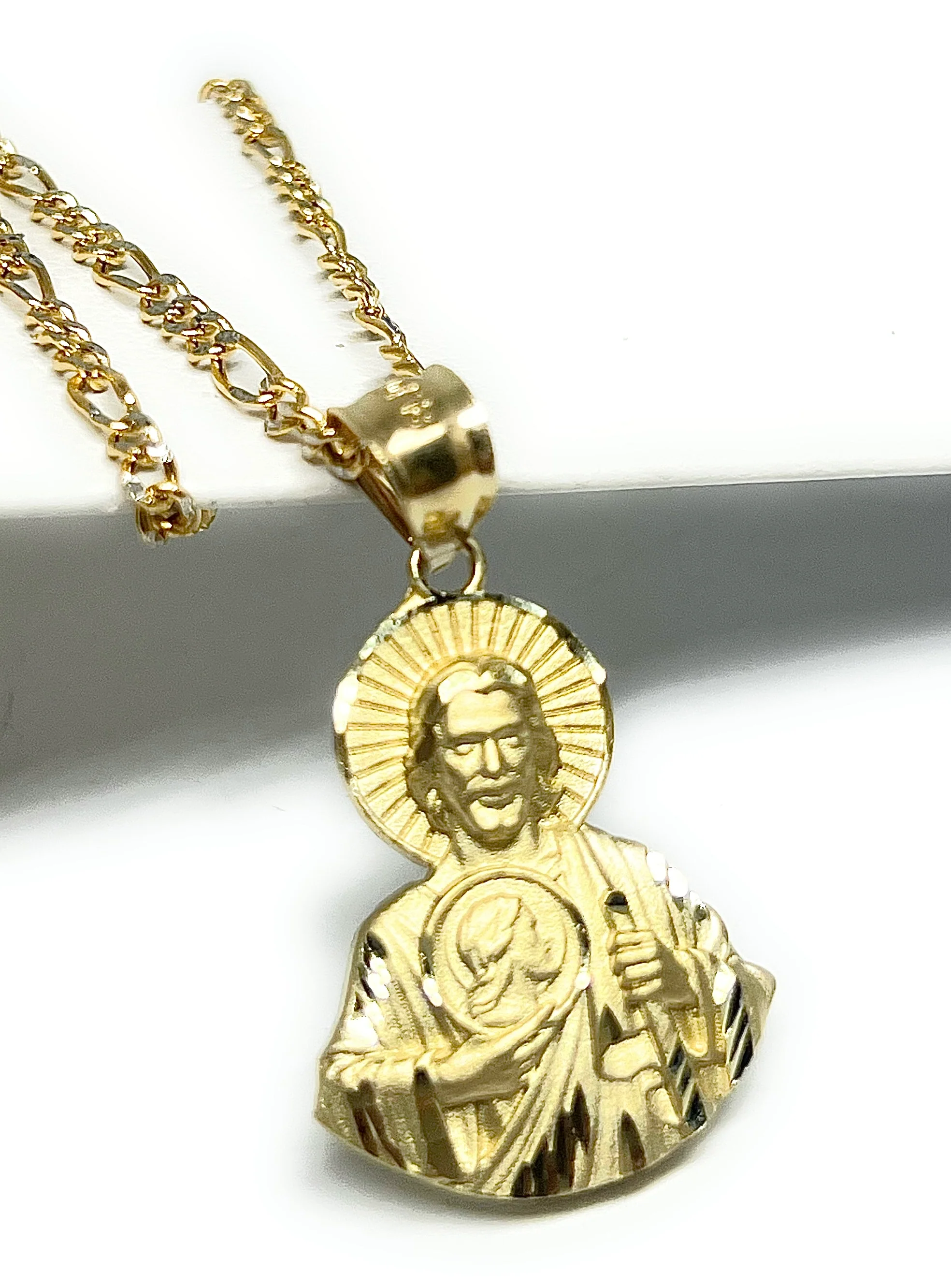 10k Solid Gold Yellow Saan Judas Saaint Jude HALF BODY Pendant Figaro Chain (LG) - Image 4