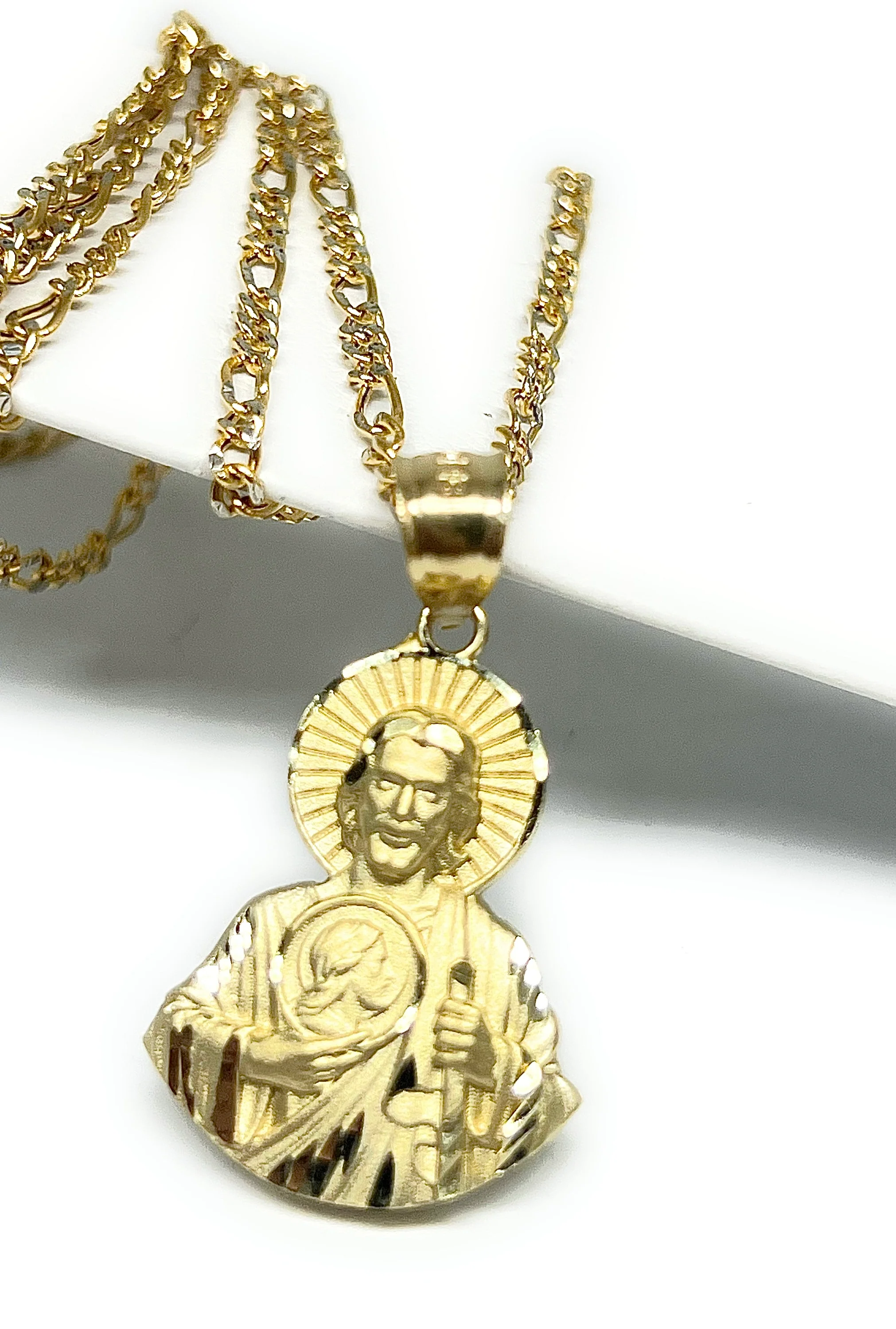 10k Solid Gold Yellow Saan Judas Saaint Jude HALF BODY Pendant Figaro Chain (LG) - Image 5