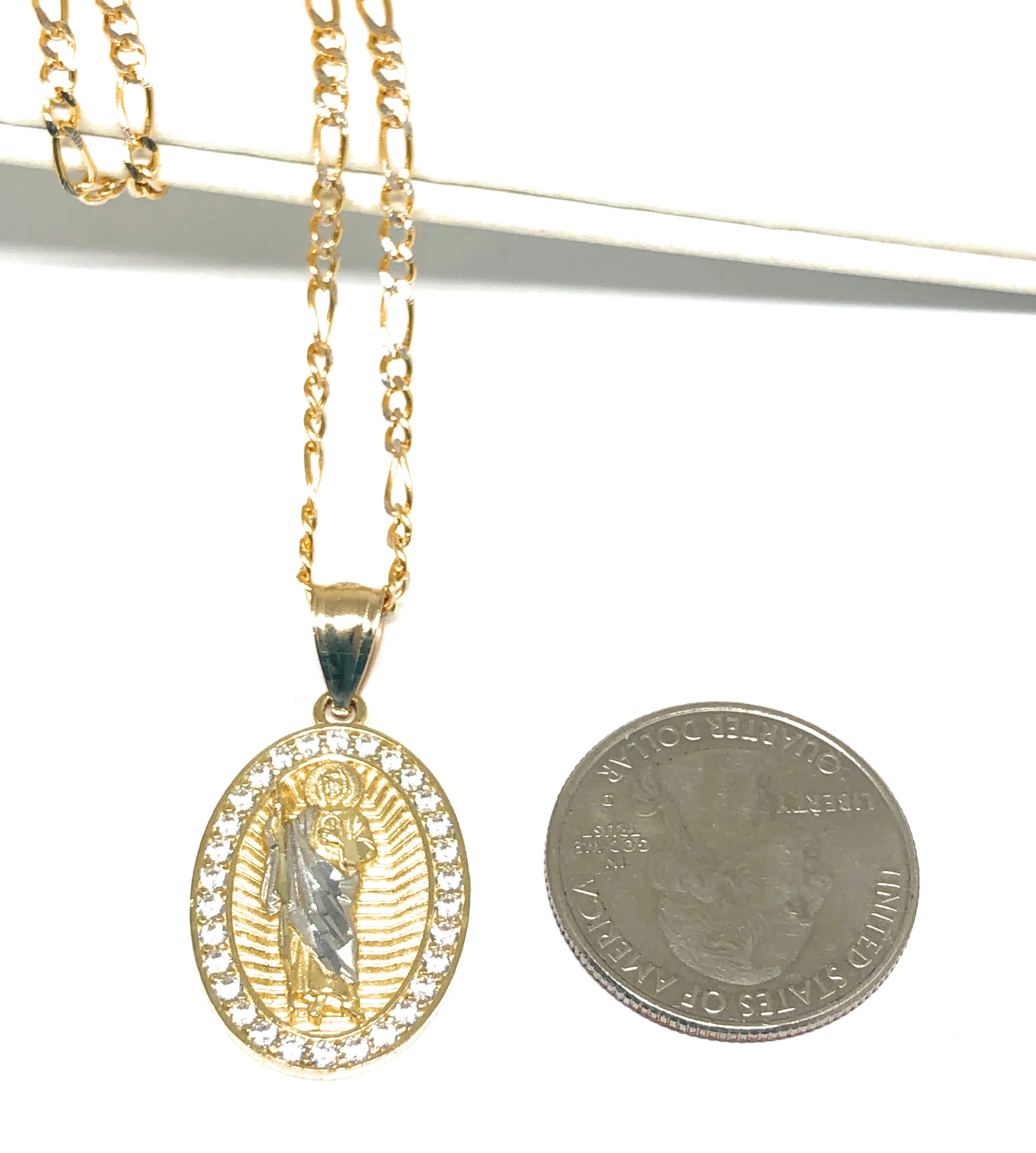 10k Solid Gold Yellow Saan Judas Saaint Jude Oval Layered CZ Pendant with Figaro Chain Optional - Image 2