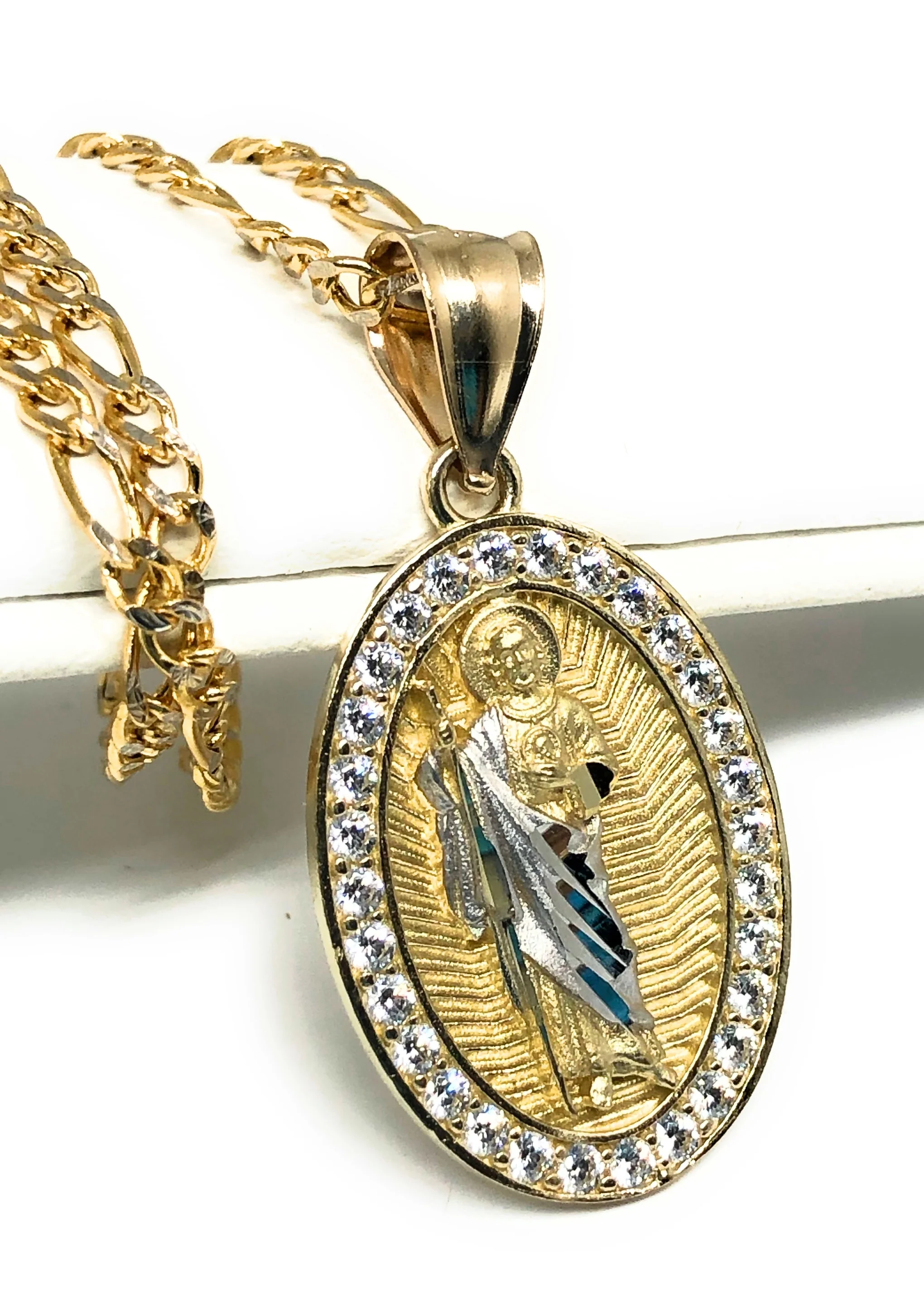 10k Solid Gold Yellow Saan Judas Saaint Jude Oval Layered CZ Pendant with Figaro Chain Optional - Image 3