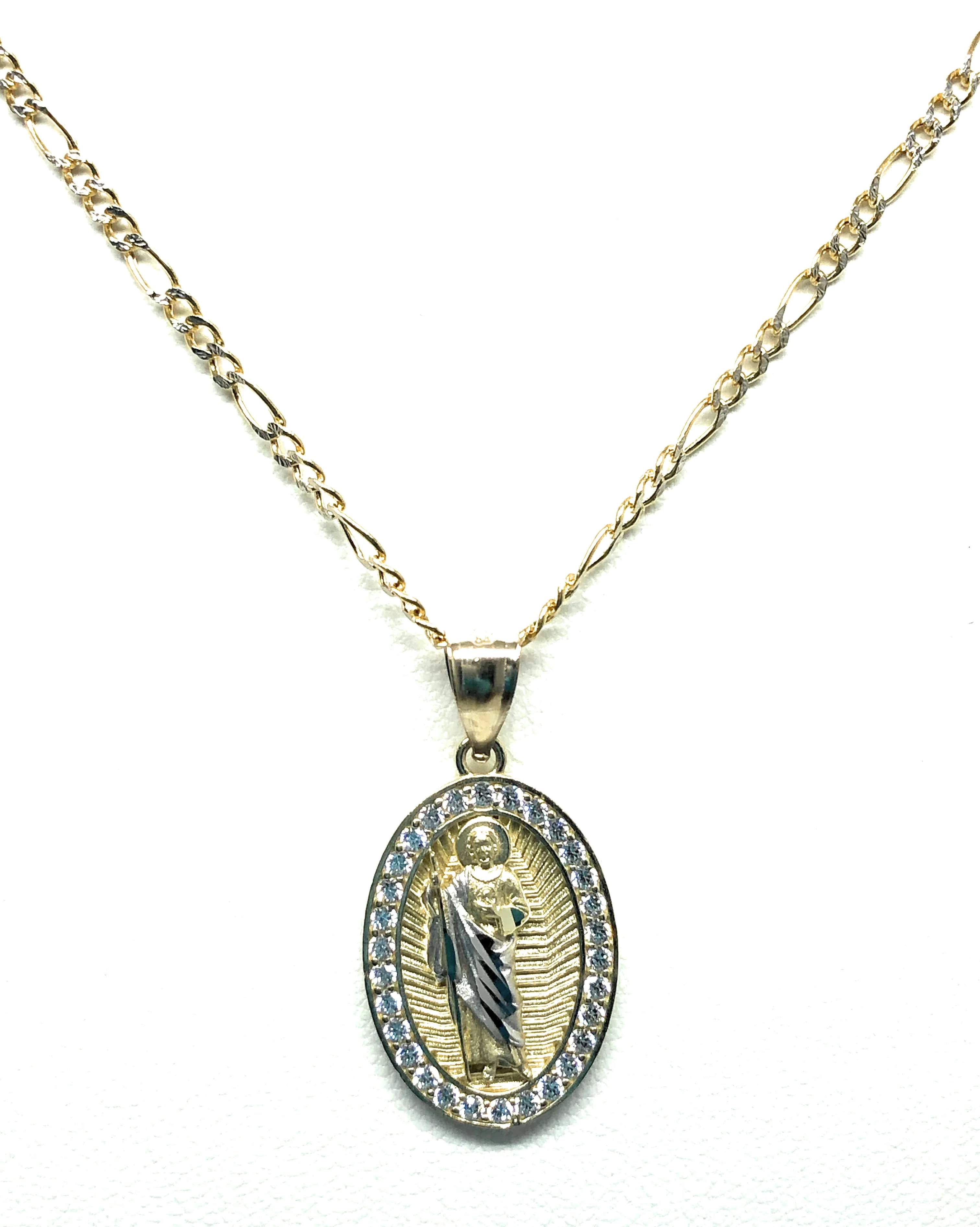 10k Solid Gold Yellow Saan Judas Saaint Jude Oval Layered CZ Pendant with Figaro Chain Optional - Image 4