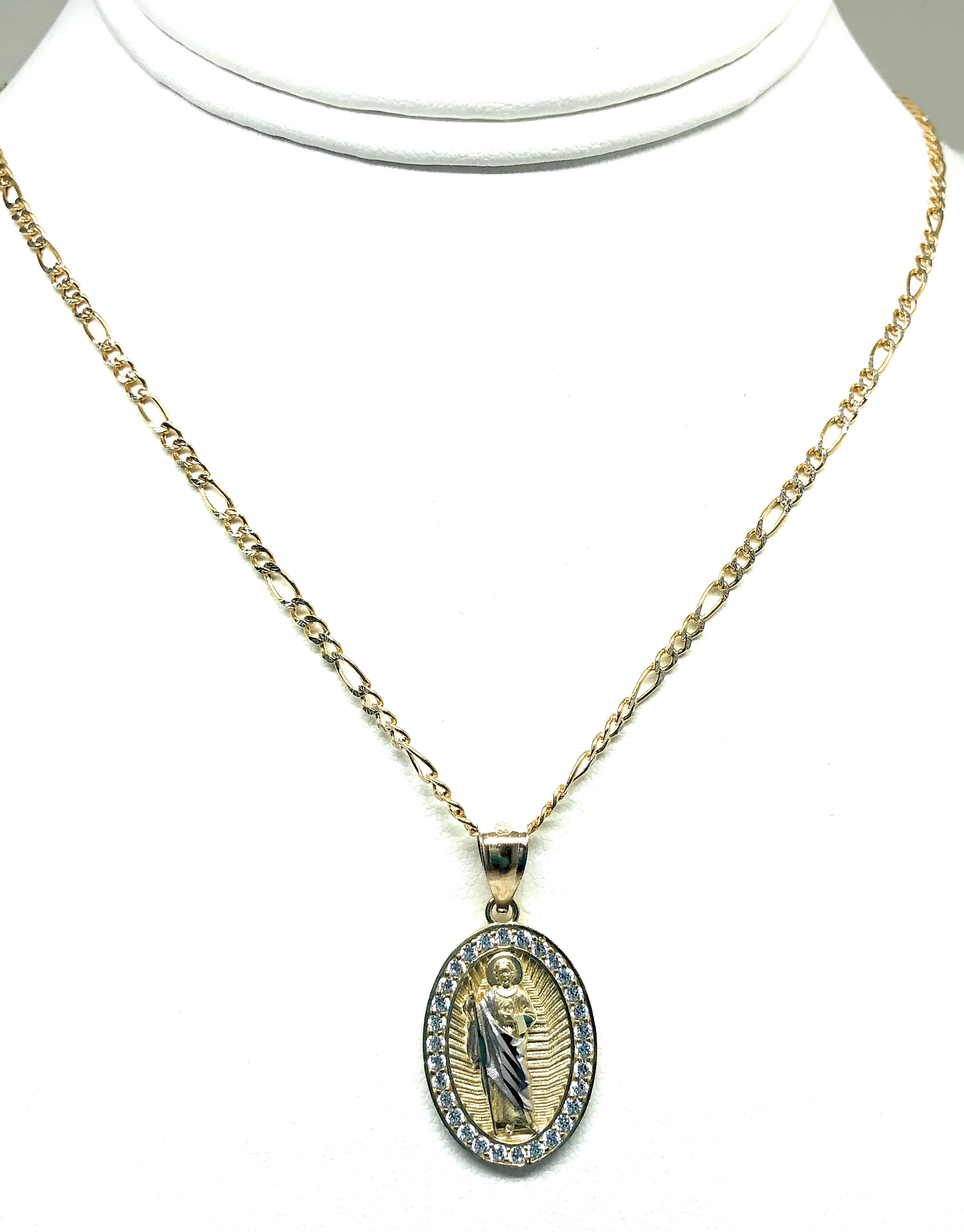 10k Solid Gold Yellow Saan Judas Saaint Jude Oval Layered CZ Pendant with Figaro Chain Optional - Image 5
