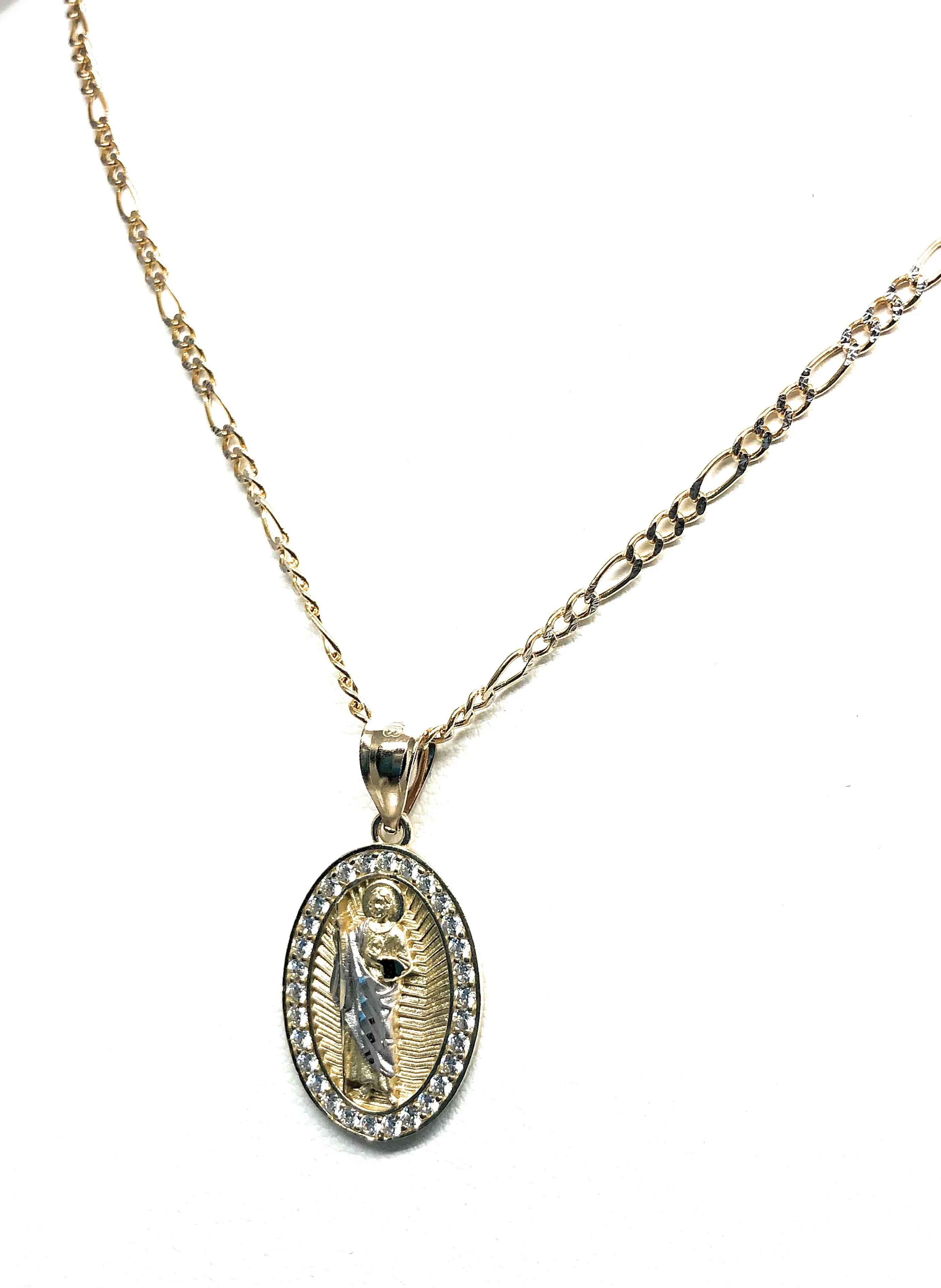 10k Solid Gold Yellow Saan Judas Saaint Jude Oval Layered CZ Pendant with Figaro Chain Optional - Image 6