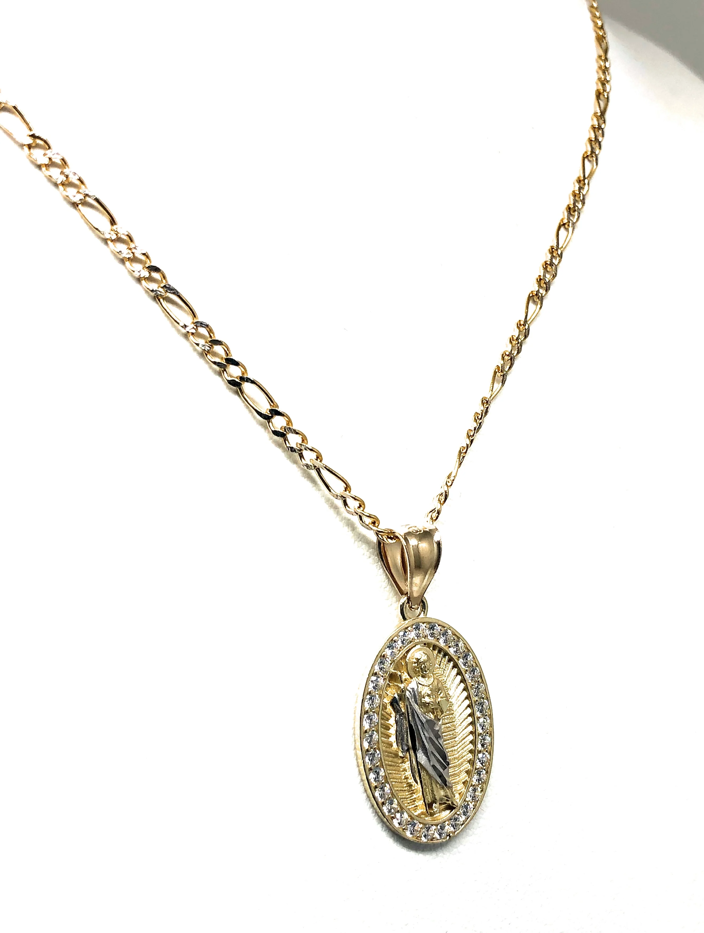 10k Solid Gold Yellow Saan Judas Saaint Jude Oval Layered CZ Pendant with Figaro Chain Optional - Image 7