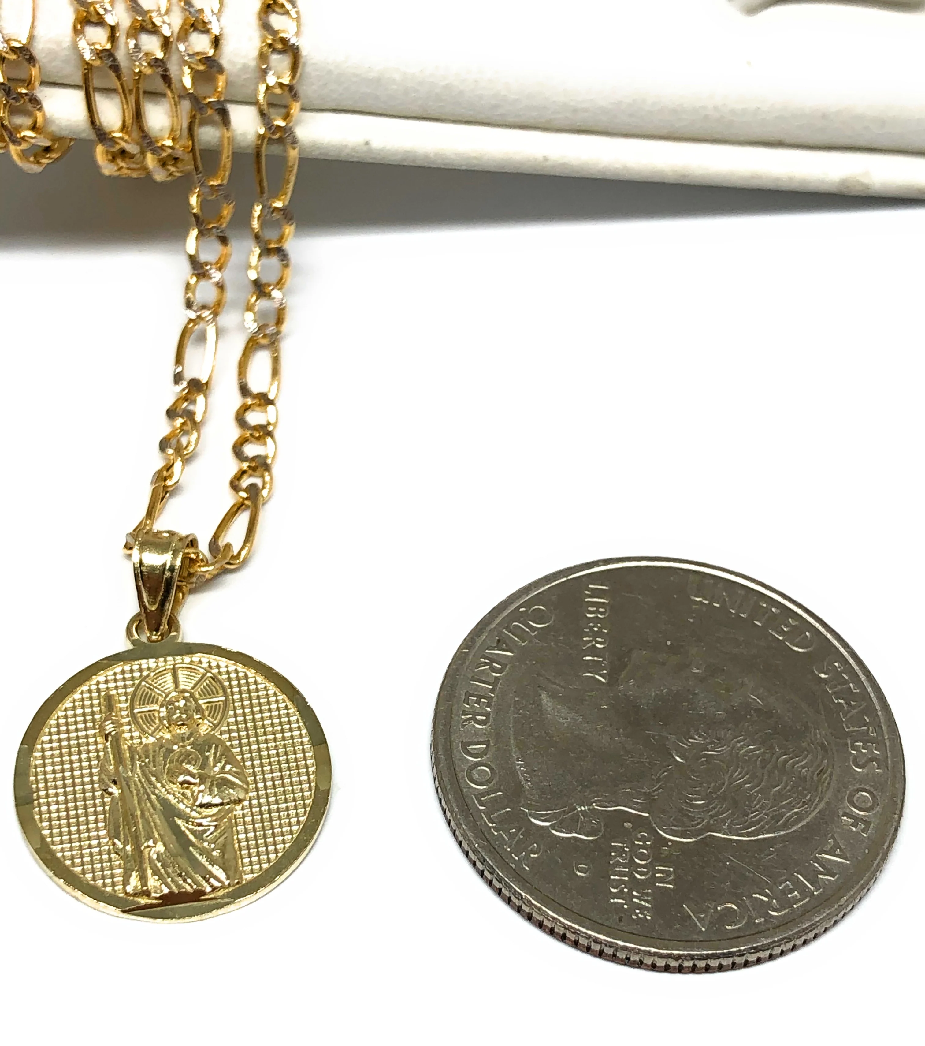 10k Solid Gold Yellow Saan Judas Saaint Jude Round Pendant Figaro Chain (SMALL) - Image 2