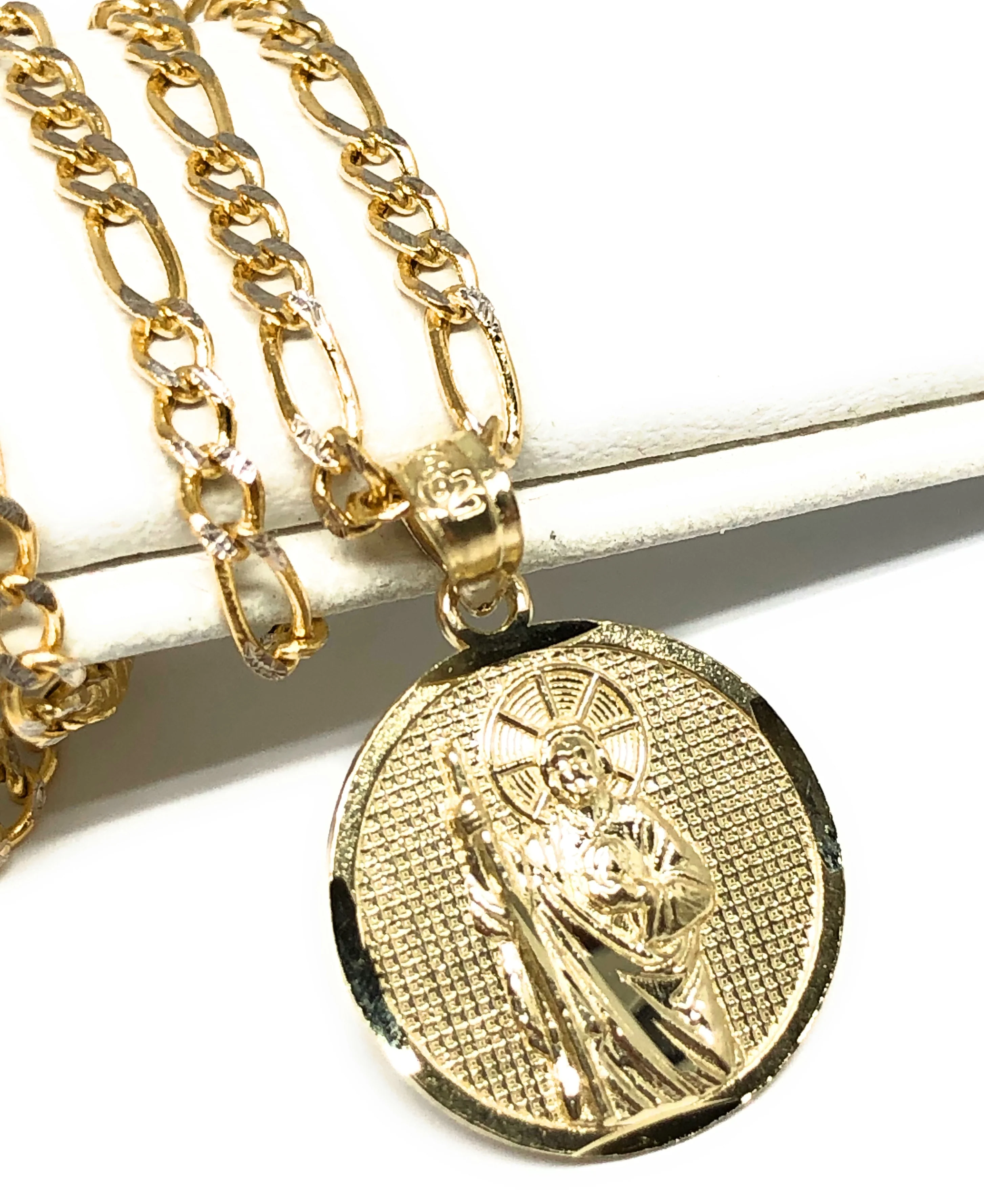 10k Solid Gold Yellow Saan Judas Saaint Jude Round Pendant Figaro Chain (SMALL) - Image 3