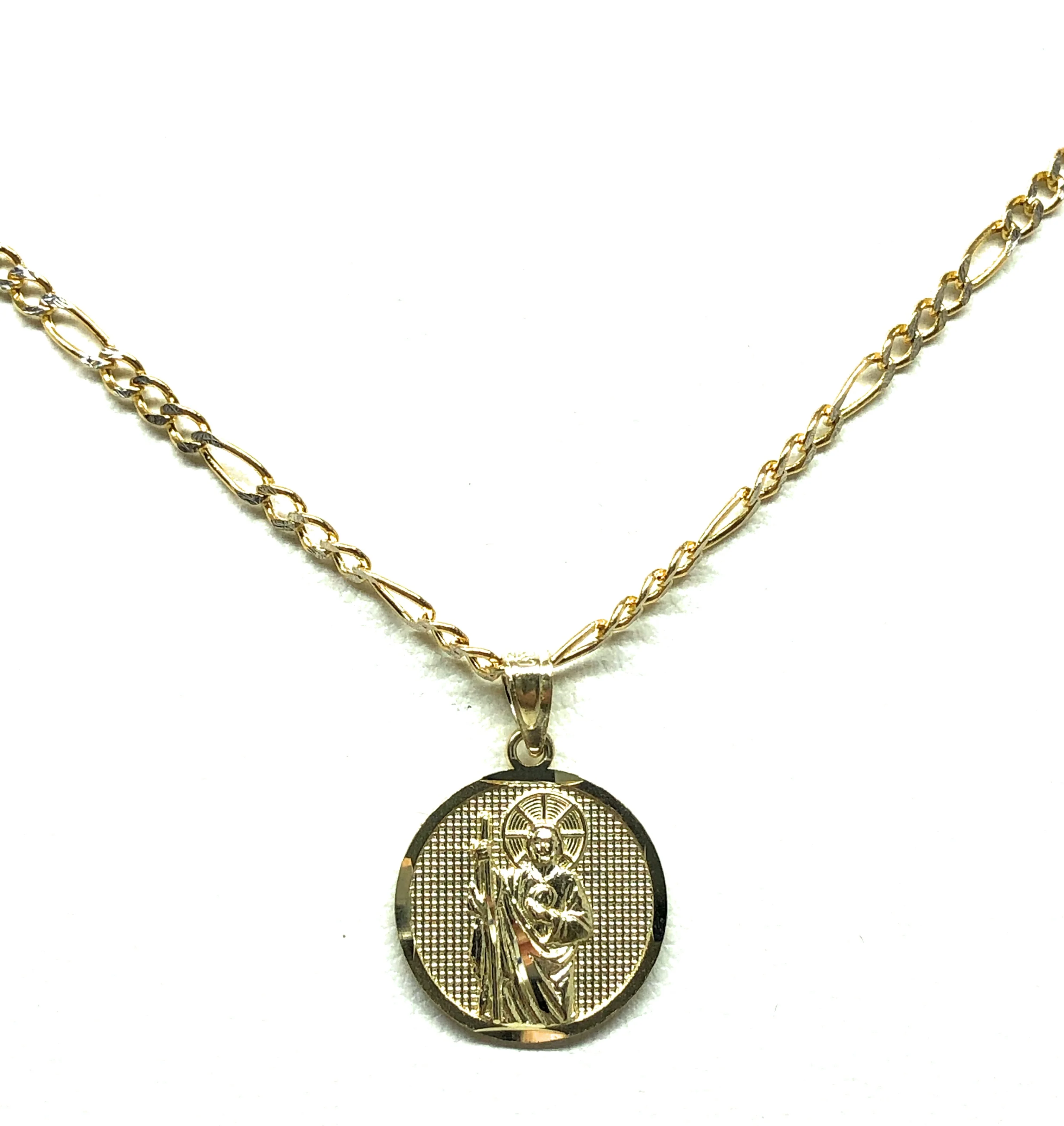 10k Solid Gold Yellow Saan Judas Saaint Jude Round Pendant Figaro Chain (SMALL) - Image 4