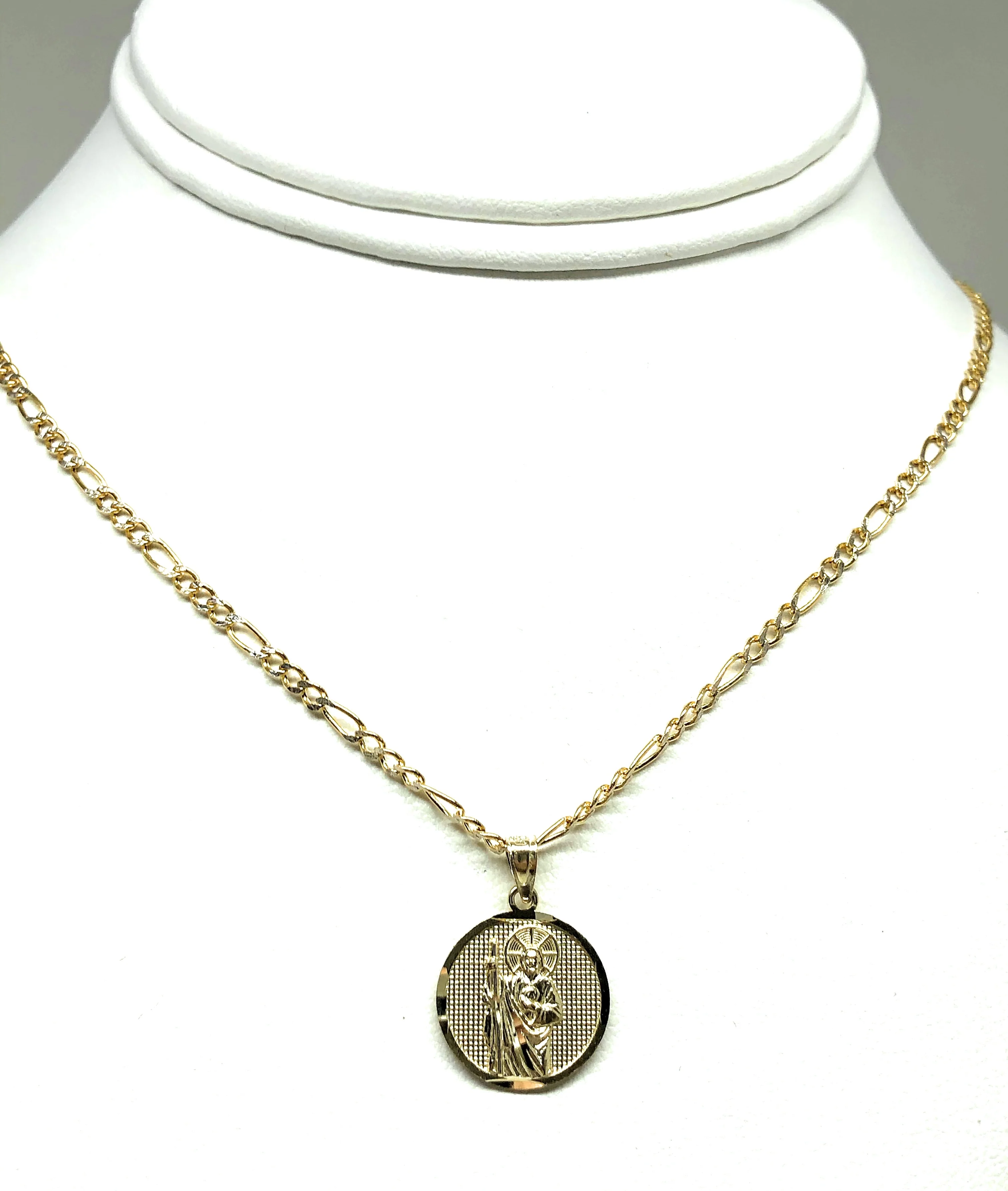 10k Solid Gold Yellow Saan Judas Saaint Jude Round Pendant Figaro Chain (SMALL) - Image 5