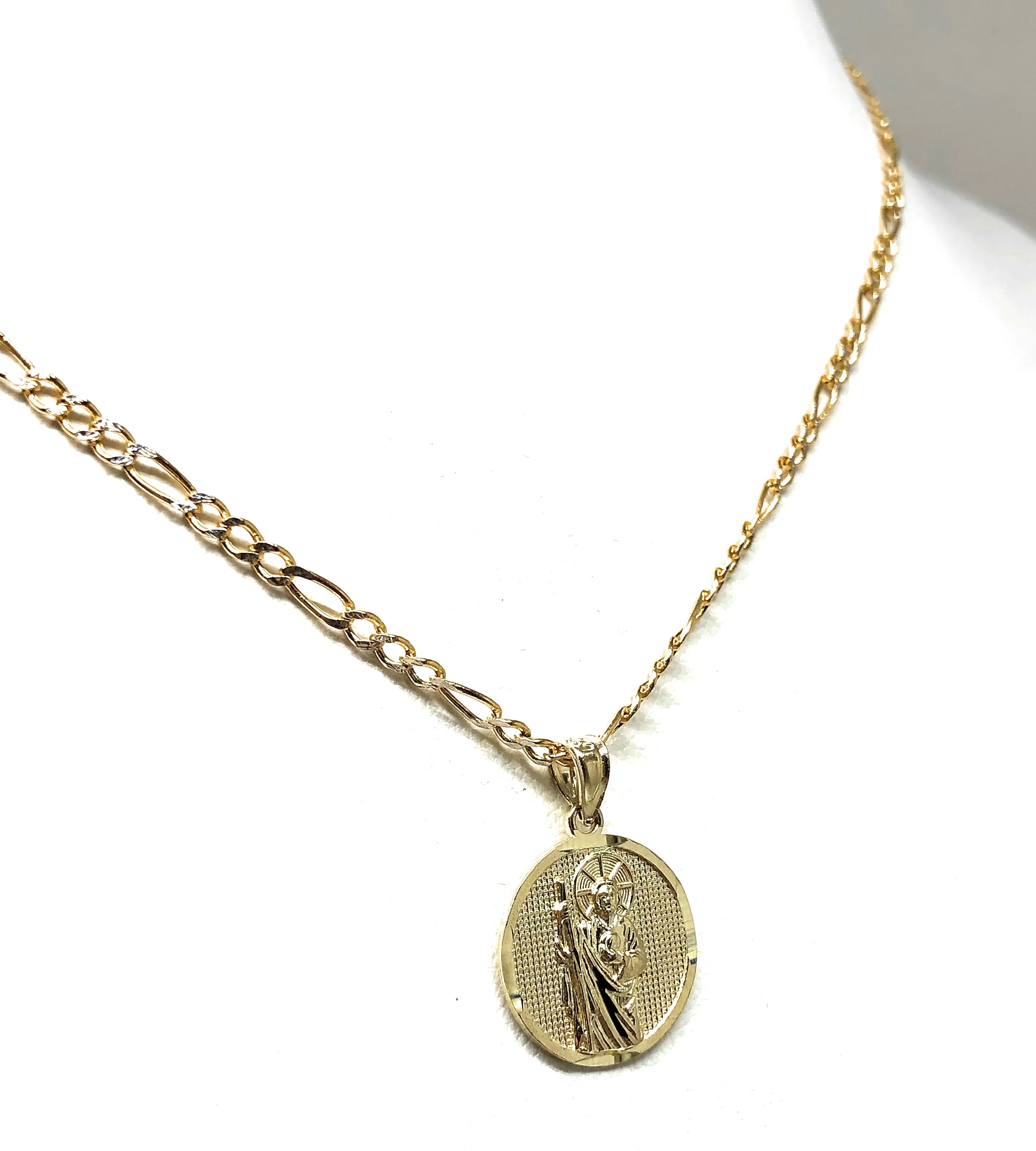 10k Solid Gold Yellow Saan Judas Saaint Jude Round Pendant Figaro Chain (SMALL) - Image 6
