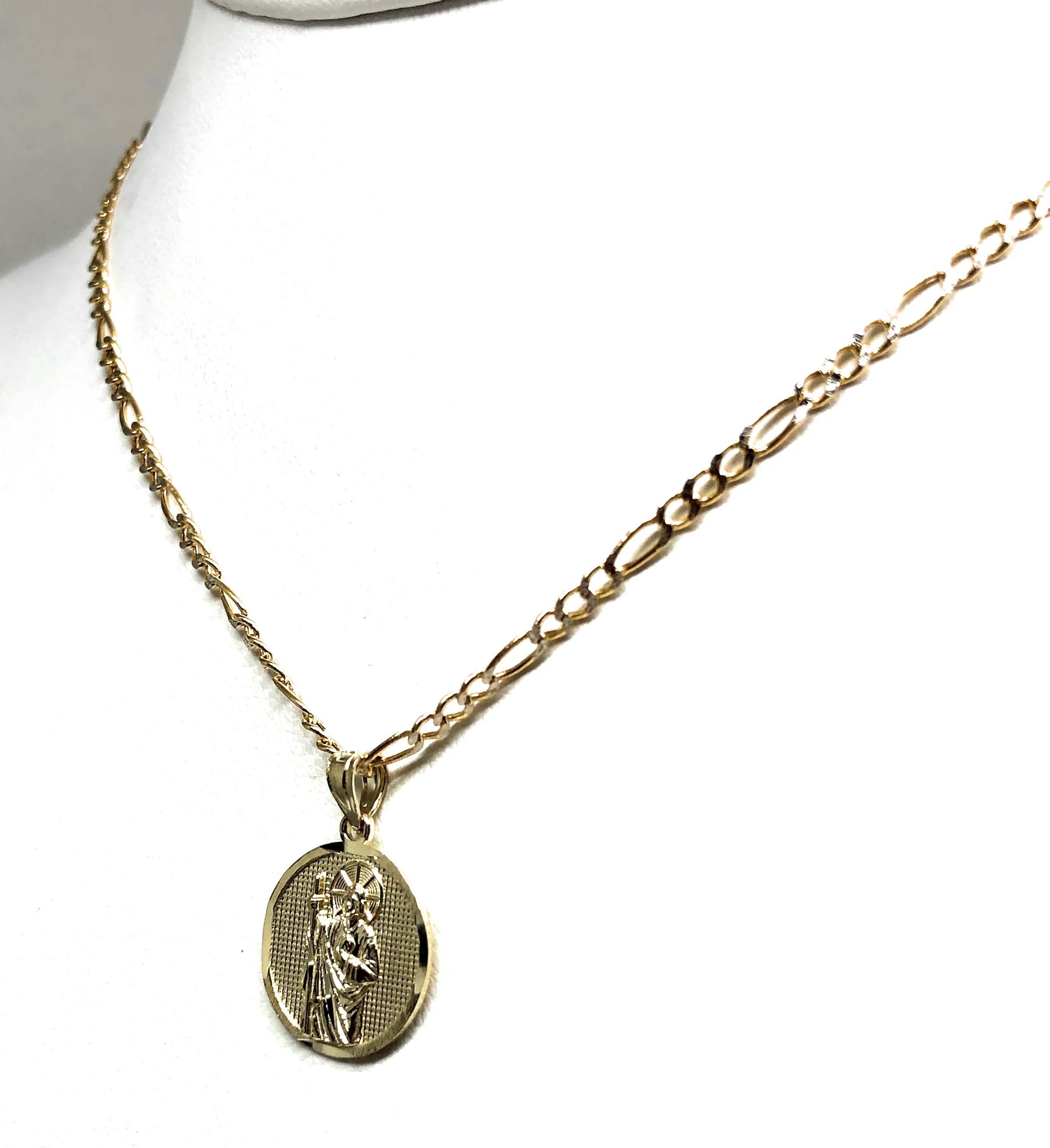 10k Solid Gold Yellow Saan Judas Saaint Jude Round Pendant Figaro Chain (SMALL) - Image 7