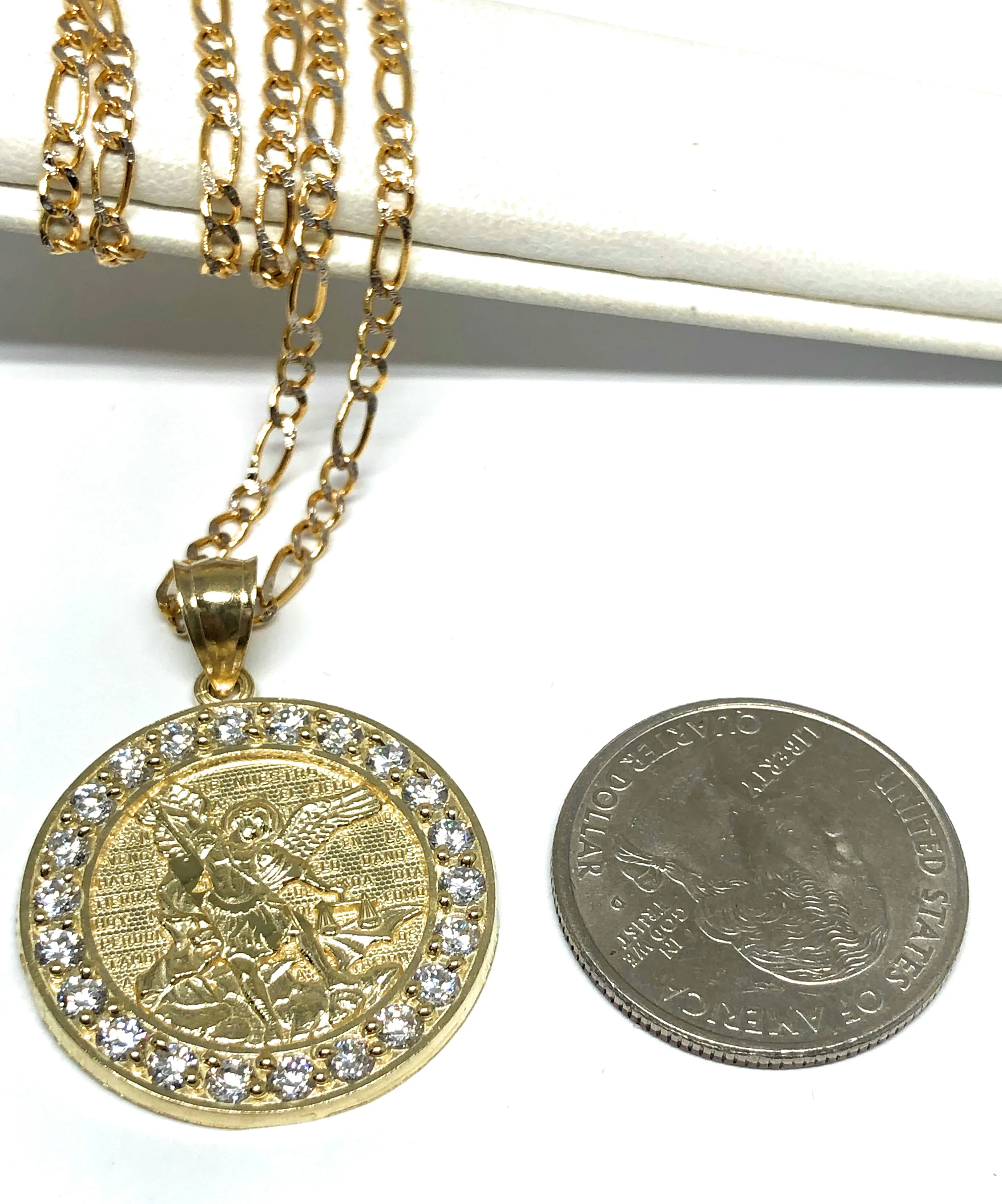 10k Solid Gold Yellow St. Michael Archangel CZ Pendant Necklace - Image 2