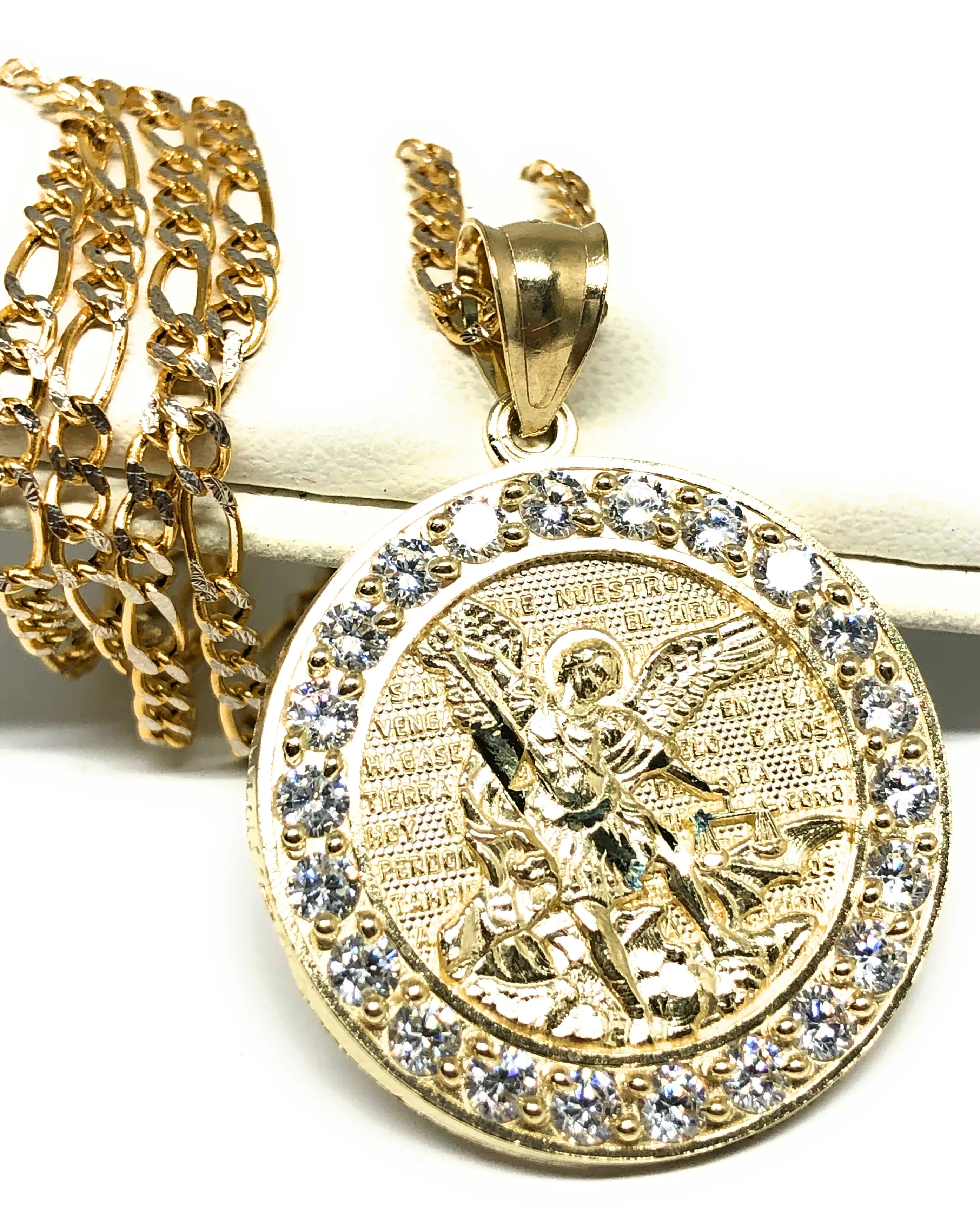 10k Solid Gold Yellow St. Michael Archangel CZ Pendant Necklace - Image 3