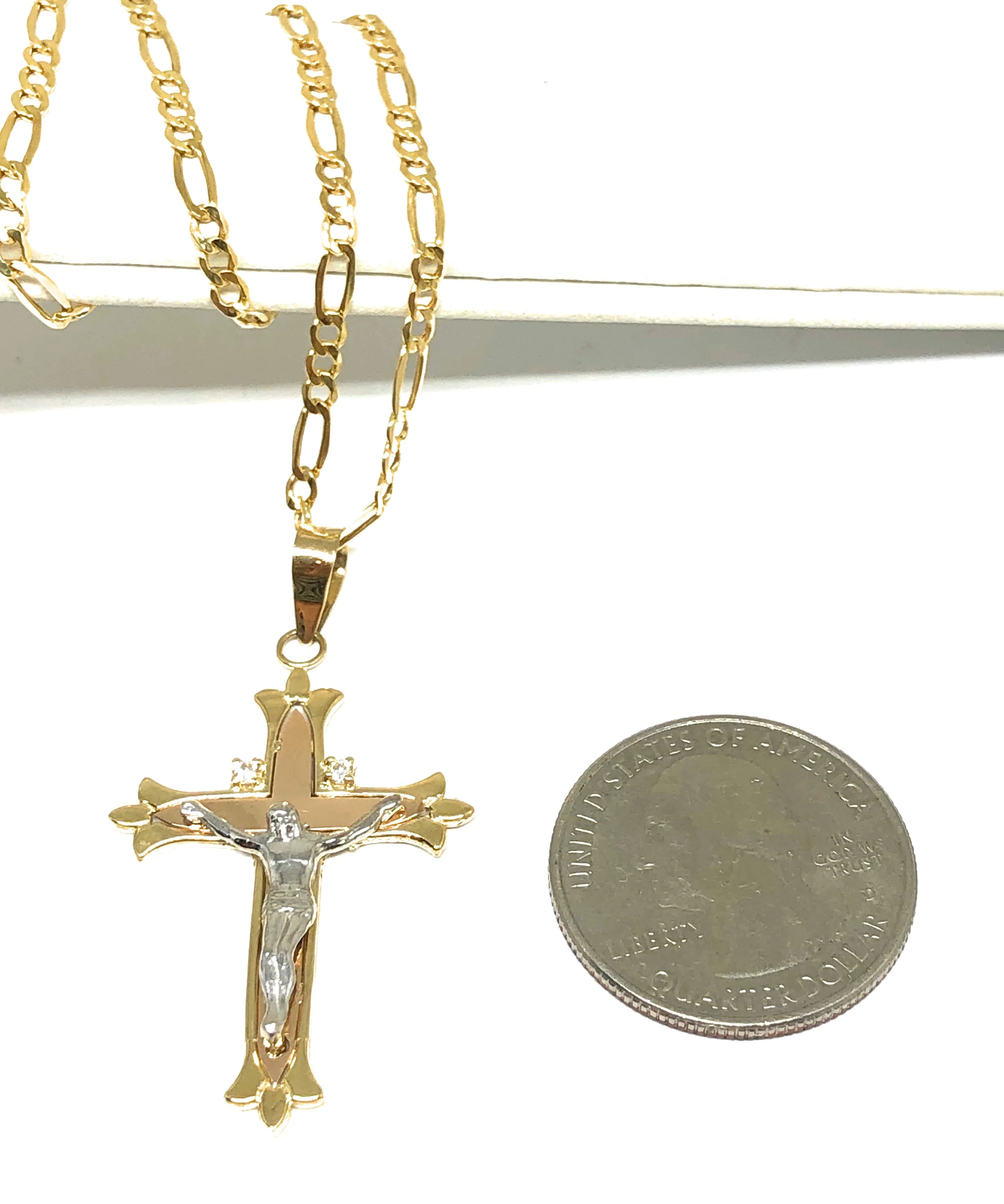 10k Solid Gold Yellow Tri-Color Jesus Cross Crucifix Pendant Necklace - Image 2