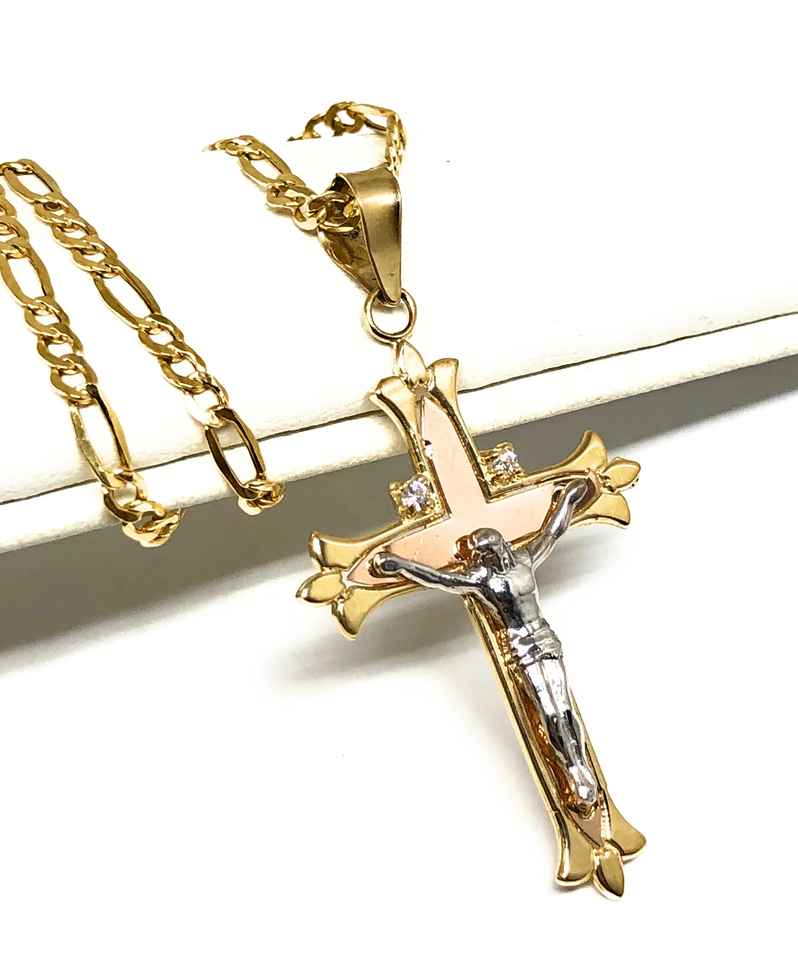10k Solid Gold Yellow Tri-Color Jesus Cross Crucifix Pendant Necklace - Image 3