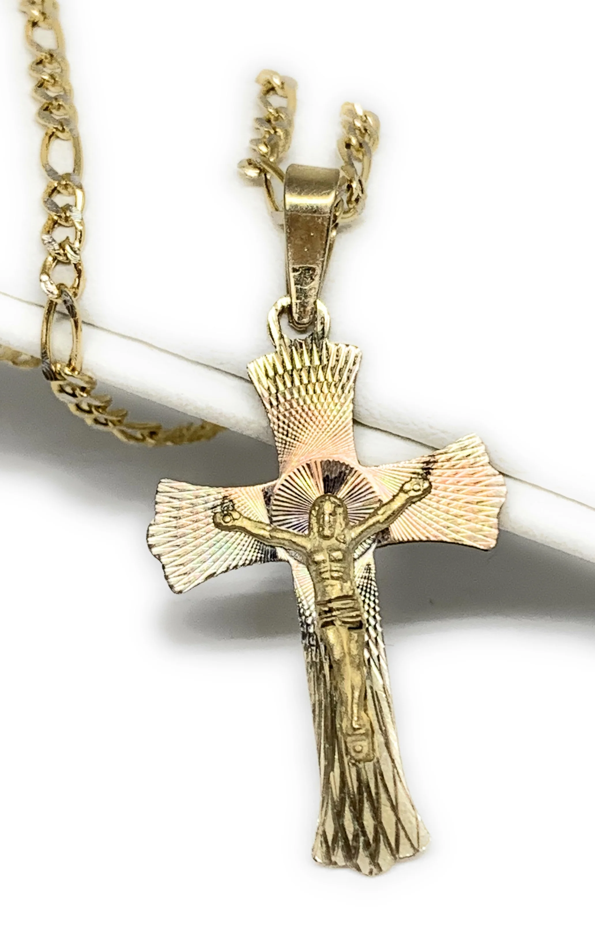 10k Solid Gold Yellow Tri-Color Jesus Cross Crucifix Pendant Necklace - Image 3