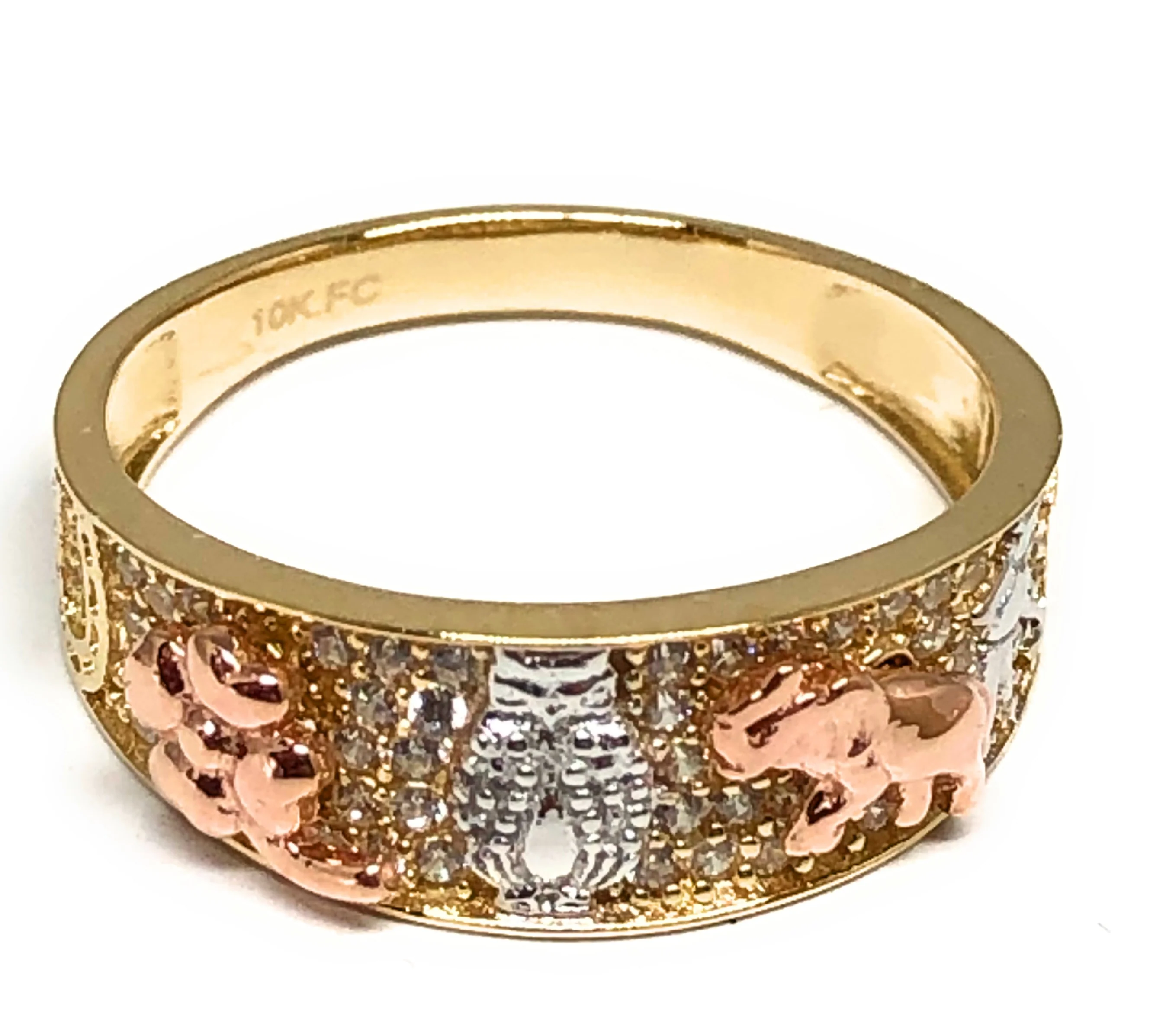 10k Solid Gold Yellow Tri-Color Lucky Symbols CZ Ring Suerte (FC 90)