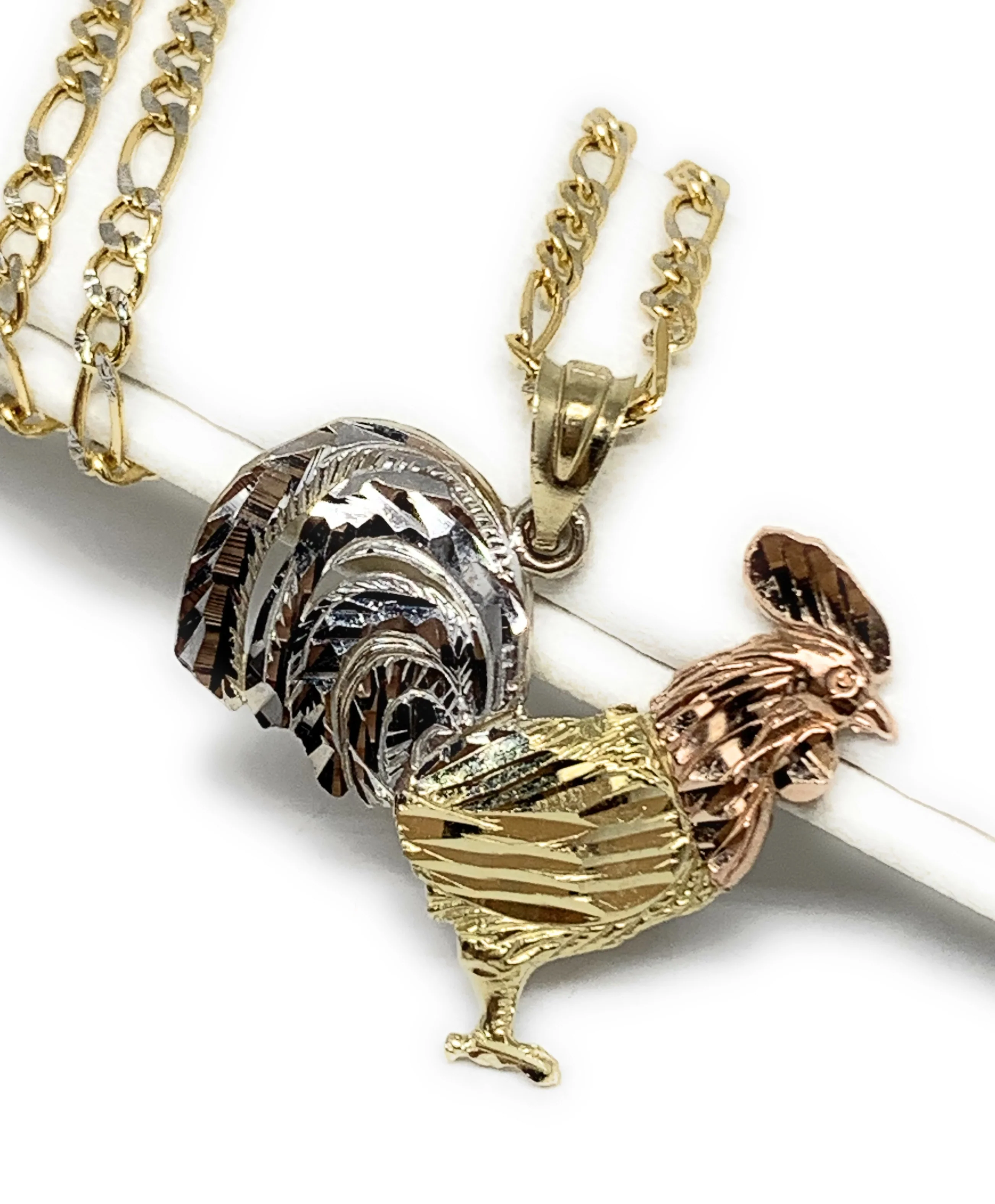 10k Solid Gold Yellow Tri-Color Rooster Pendant Necklace