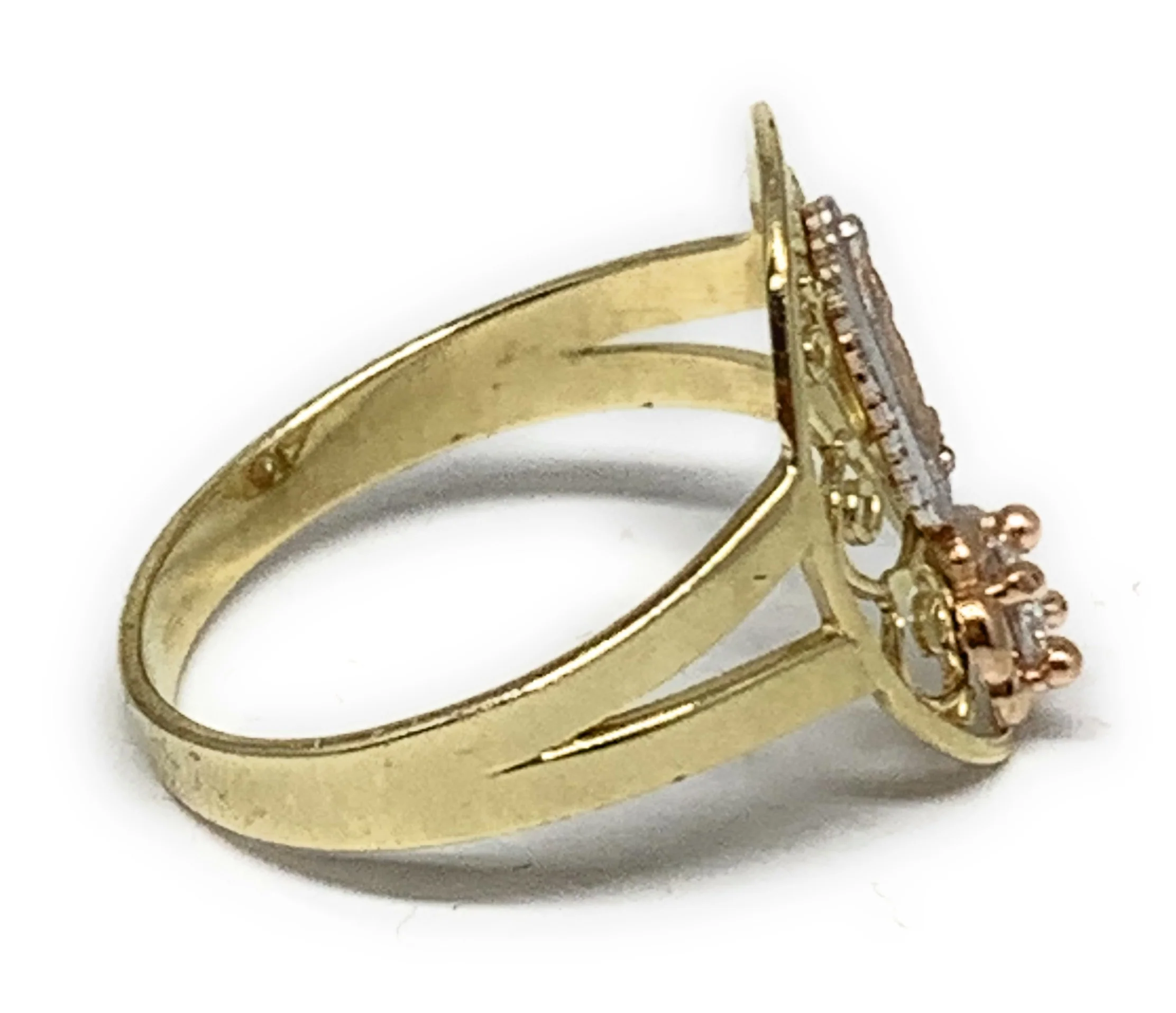 10k Solid Gold Yellow Tri-Color Virrgin Mary CZ Filigran Flower Ring - Image 2