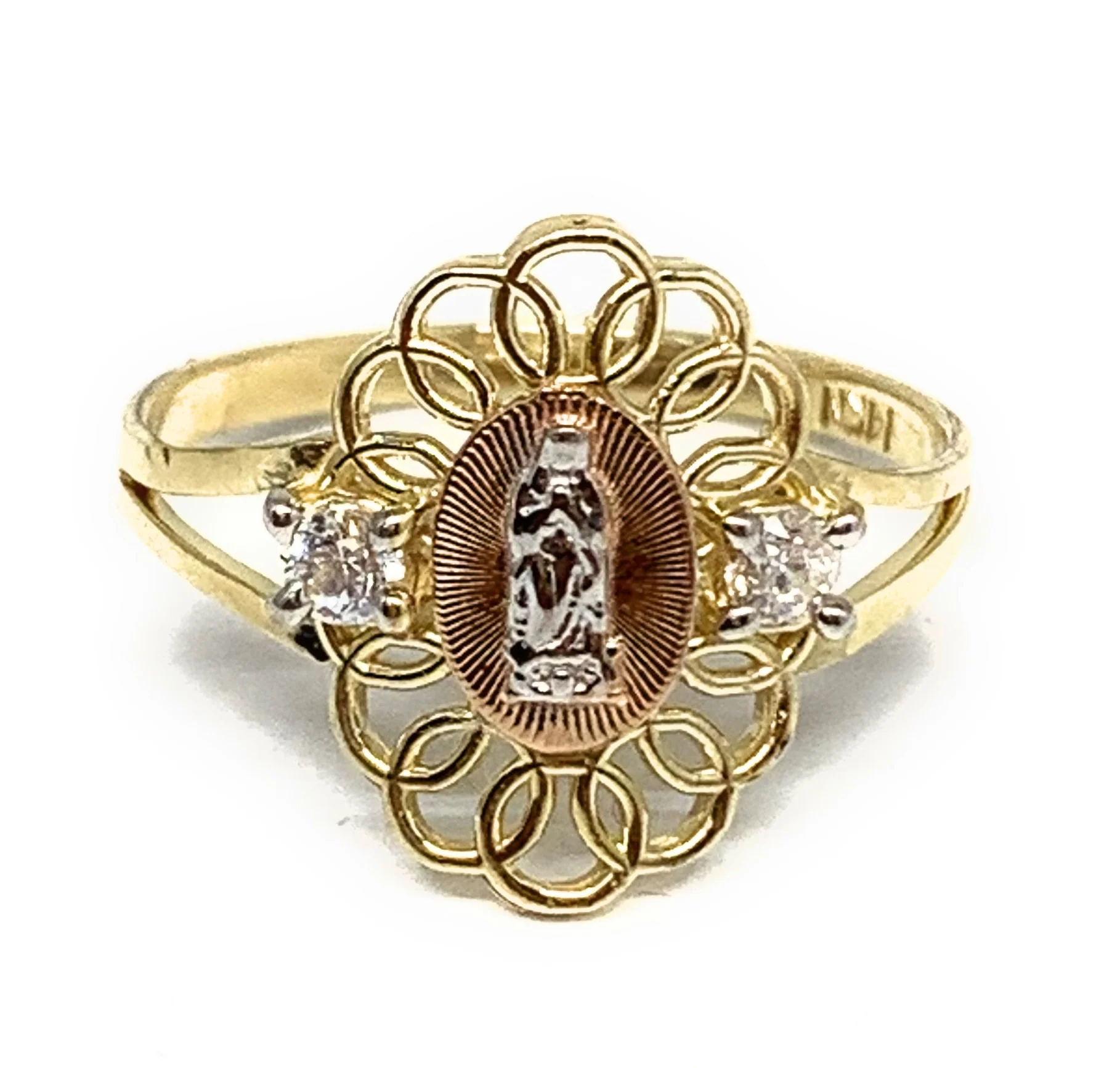 10k Solid Gold Yellow Tri-Color Virrgin Mary CZ Layered Ring