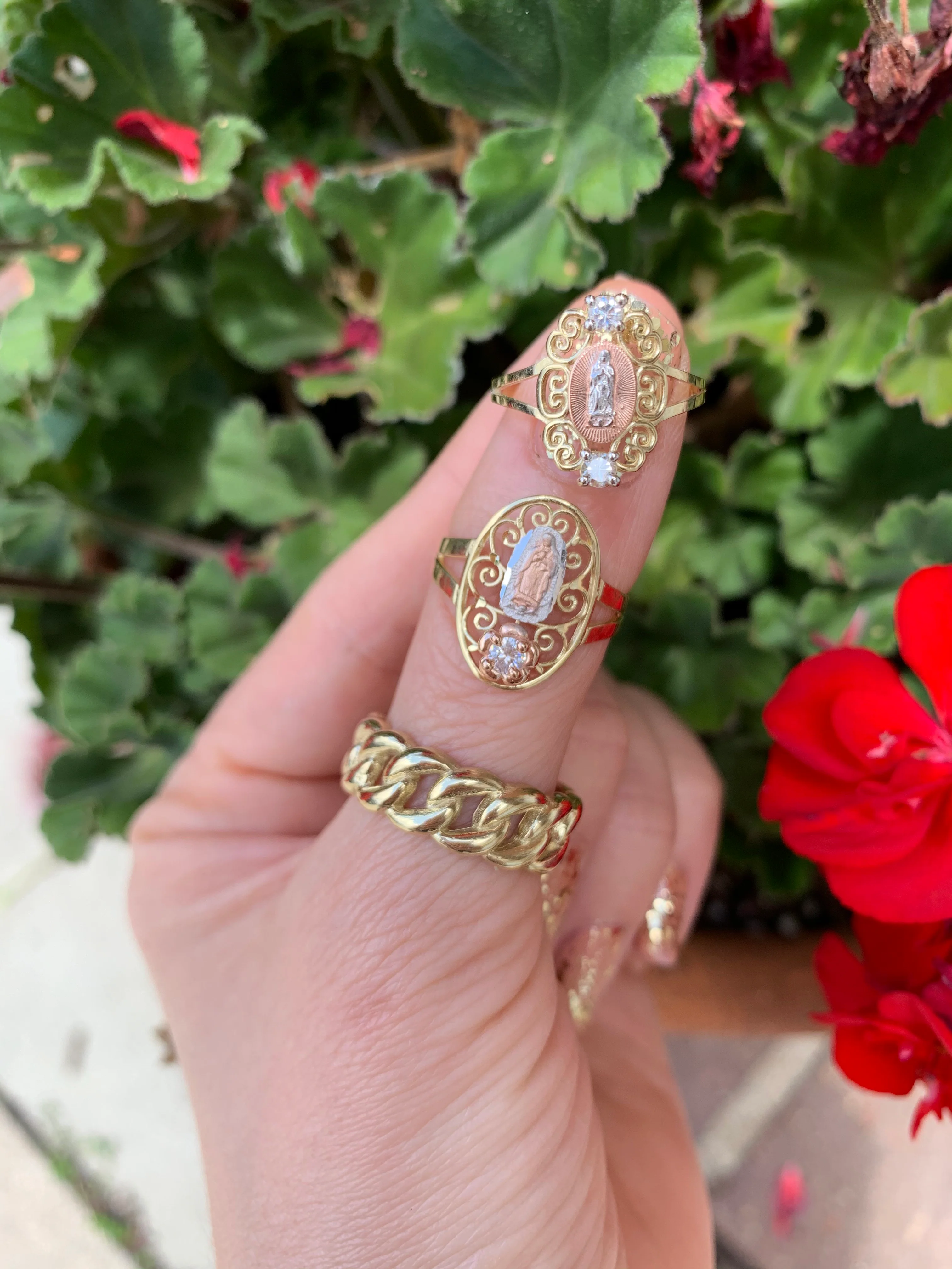 10k Solid Gold Yellow Tri-Color Virrgin Mary CZ Layered Ring - Image 4