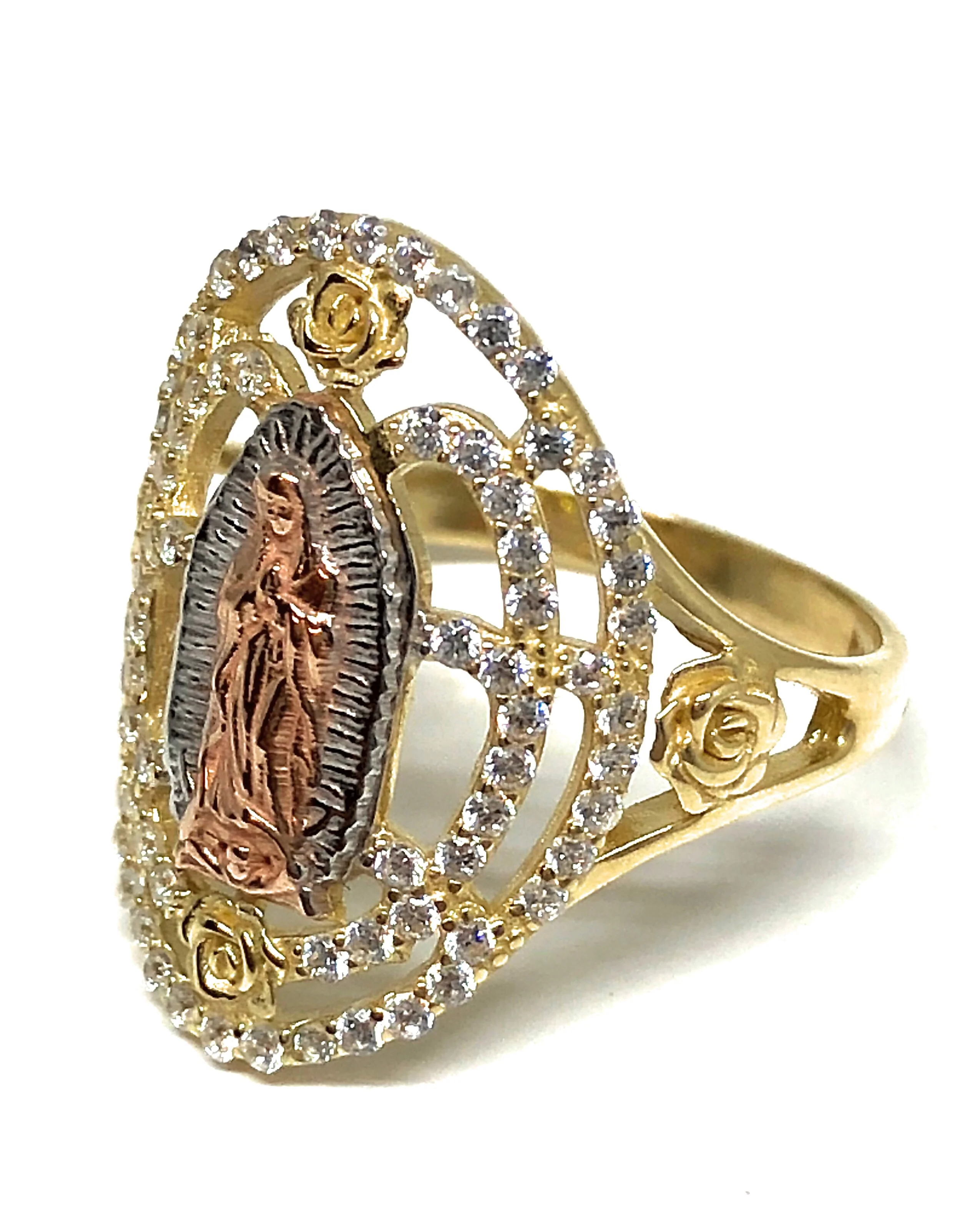 10k Solid Gold Yellow Tri-Color Virrgin Mary Flower Ring Cubic Zirconia - Image 3