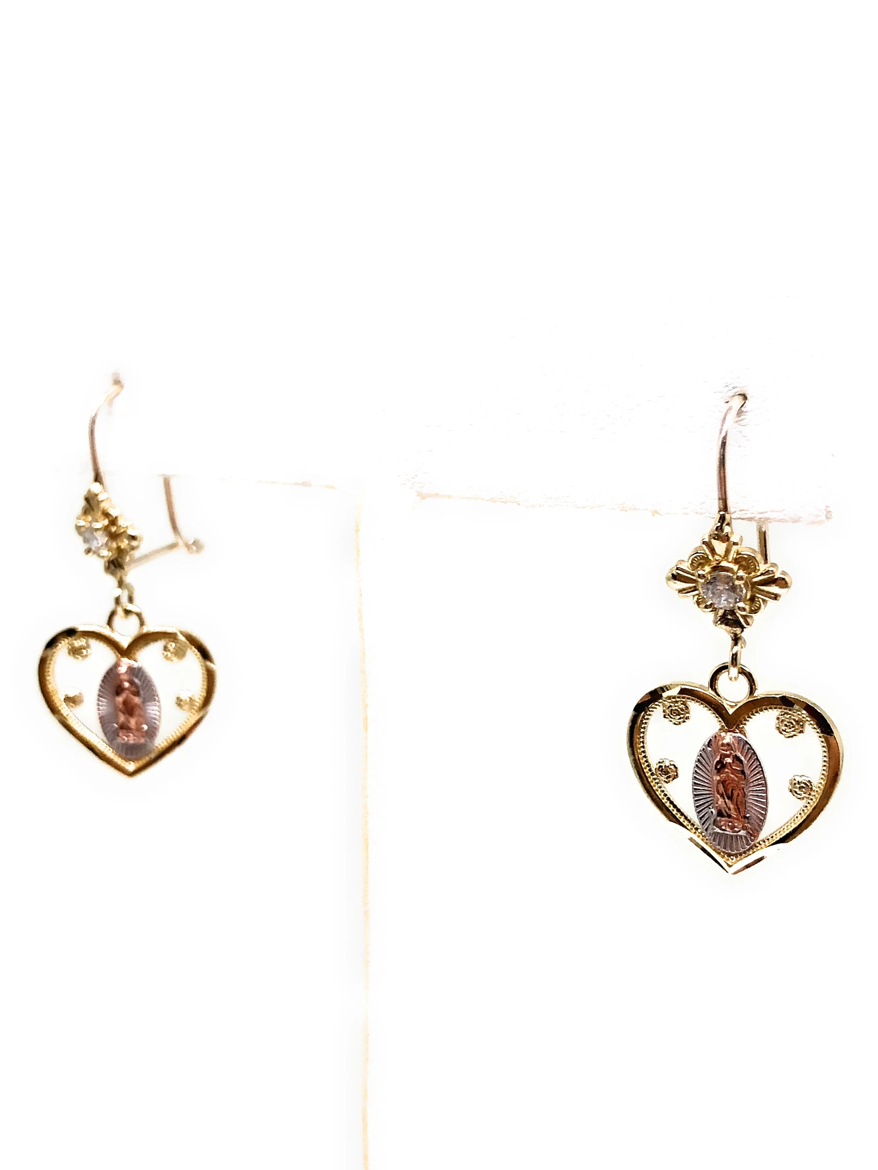 10k Solid Gold Yellow Tri-Color Virrgin Mary Heart Dangle Earrings - Image 3