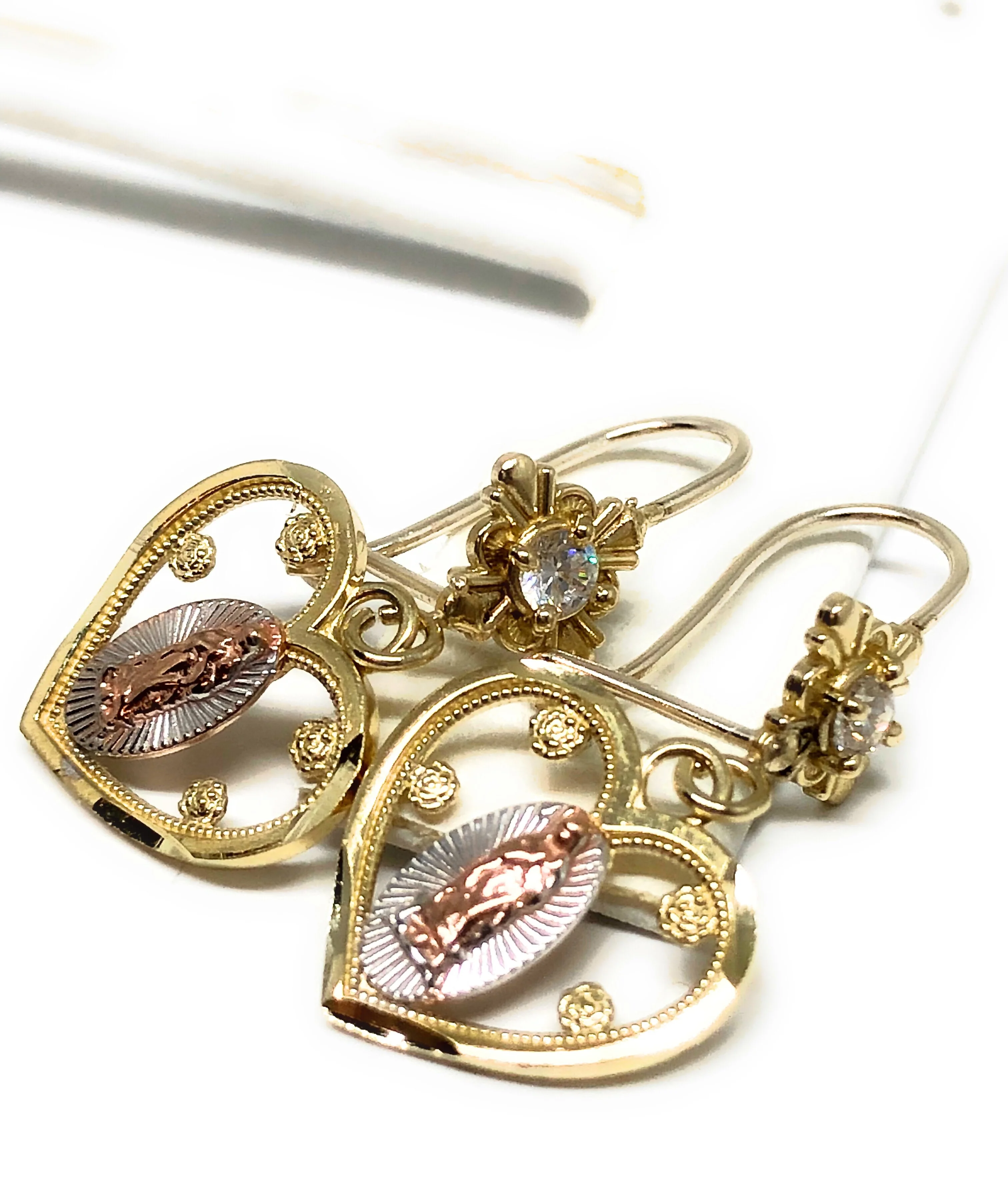 10k Solid Gold Yellow Tri-Color Virrgin Mary Heart Dangle Earrings - Image 4