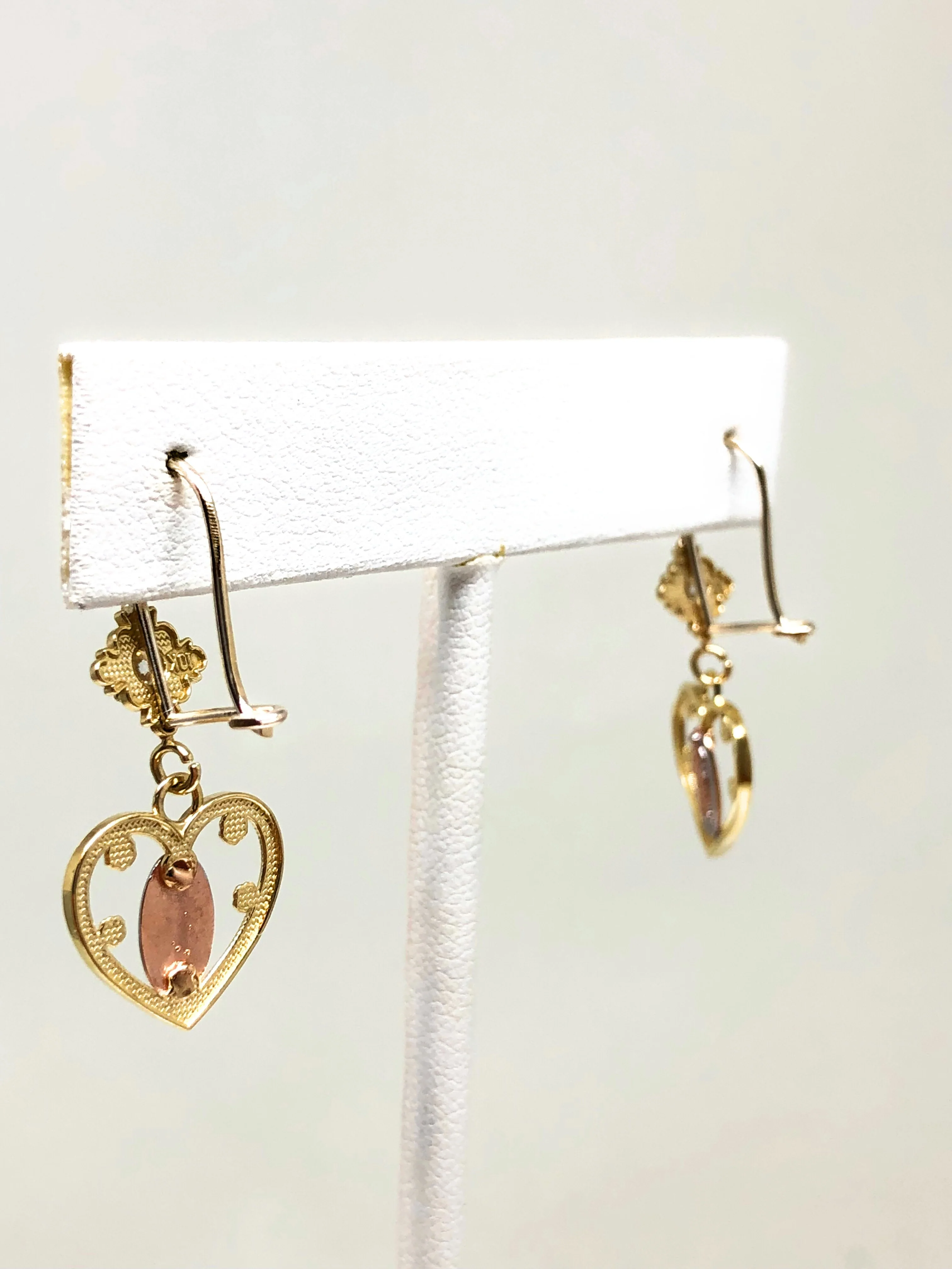 10k Solid Gold Yellow Tri-Color Virrgin Mary Heart Dangle Earrings - Image 5