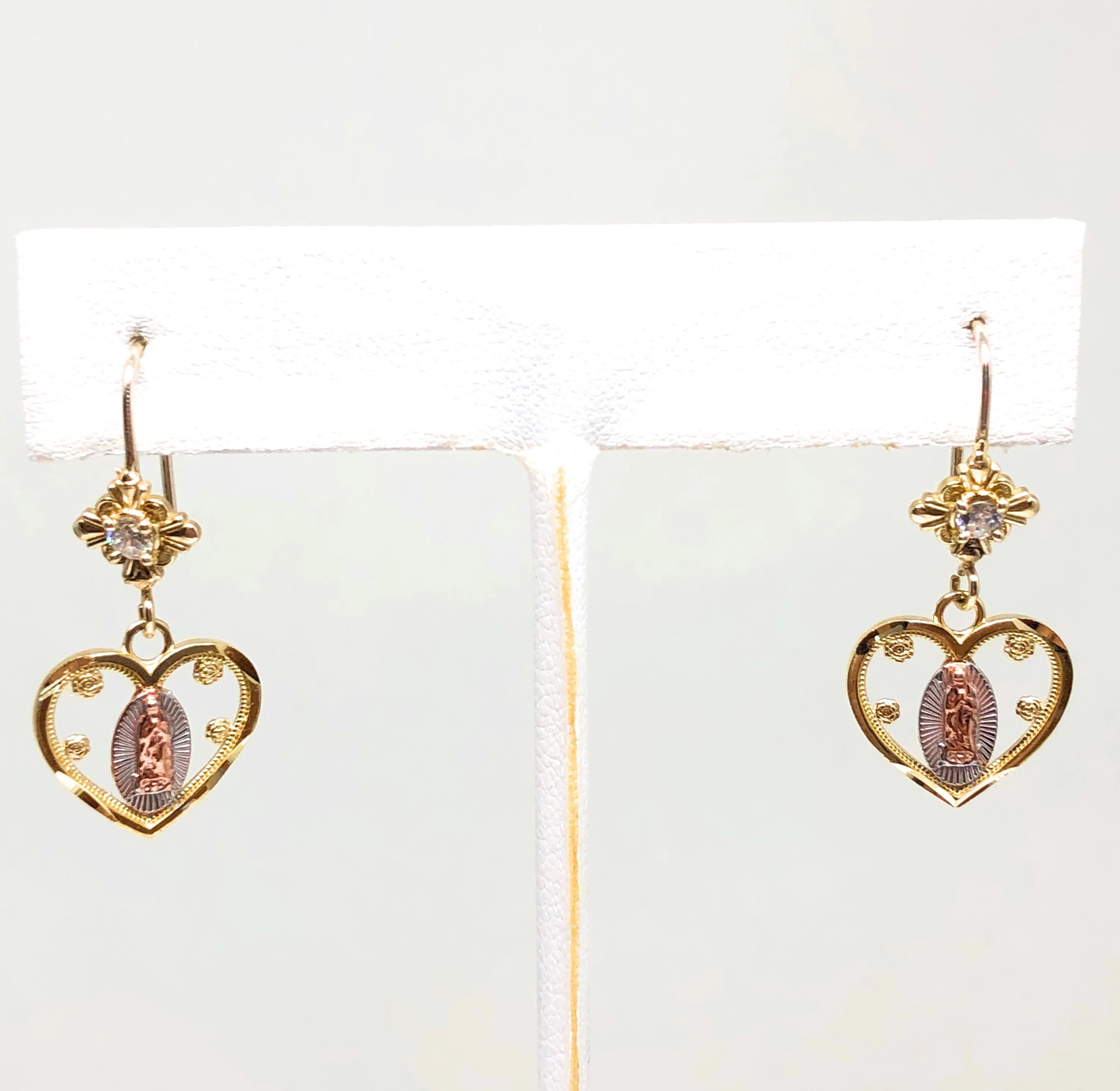 10k Solid Gold Yellow Tri-Color Virrgin Mary Heart Dangle Earrings - Image 6