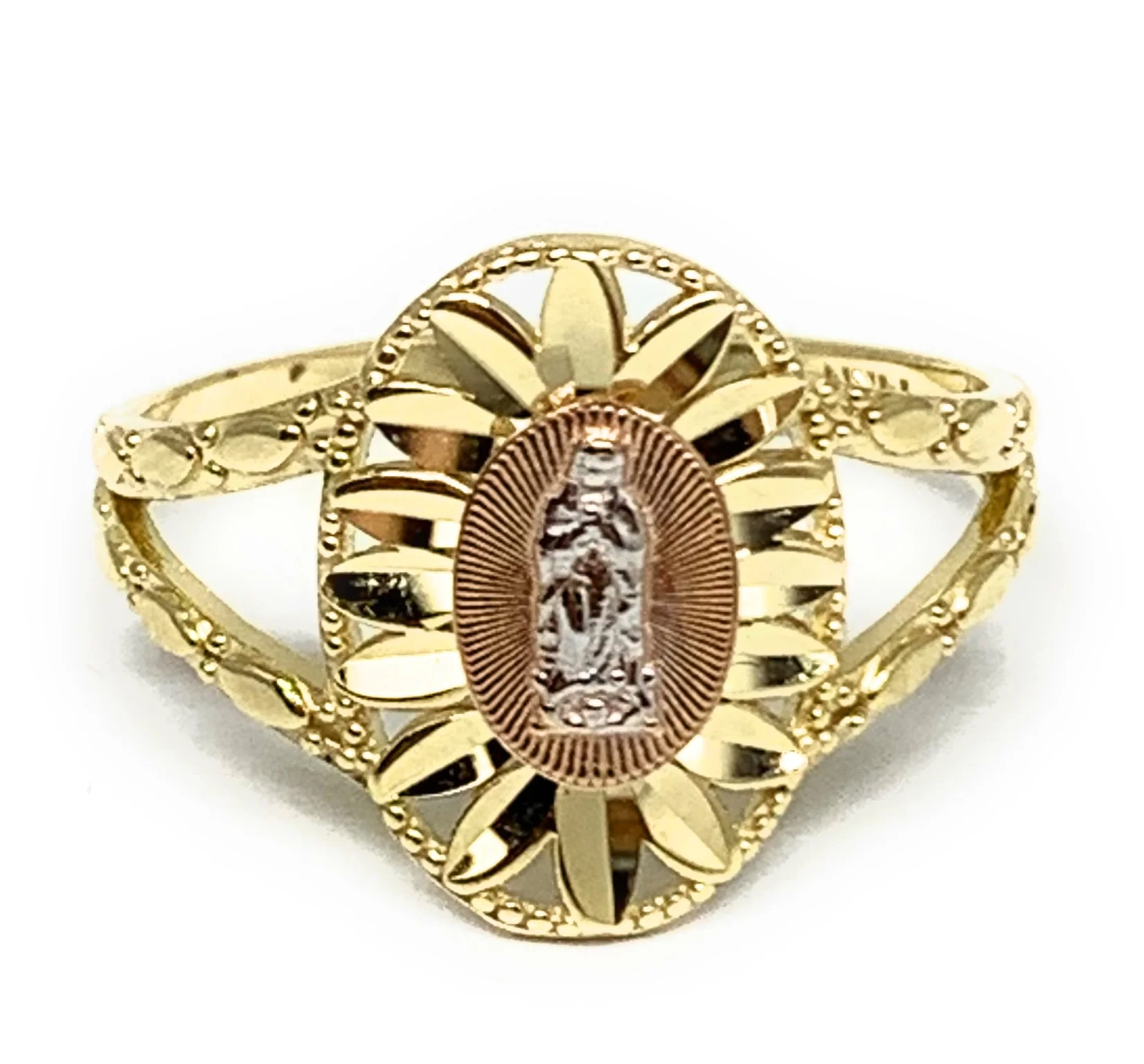 10k Solid Gold Yellow Tri-Color Virrgin Mary Layered Ring