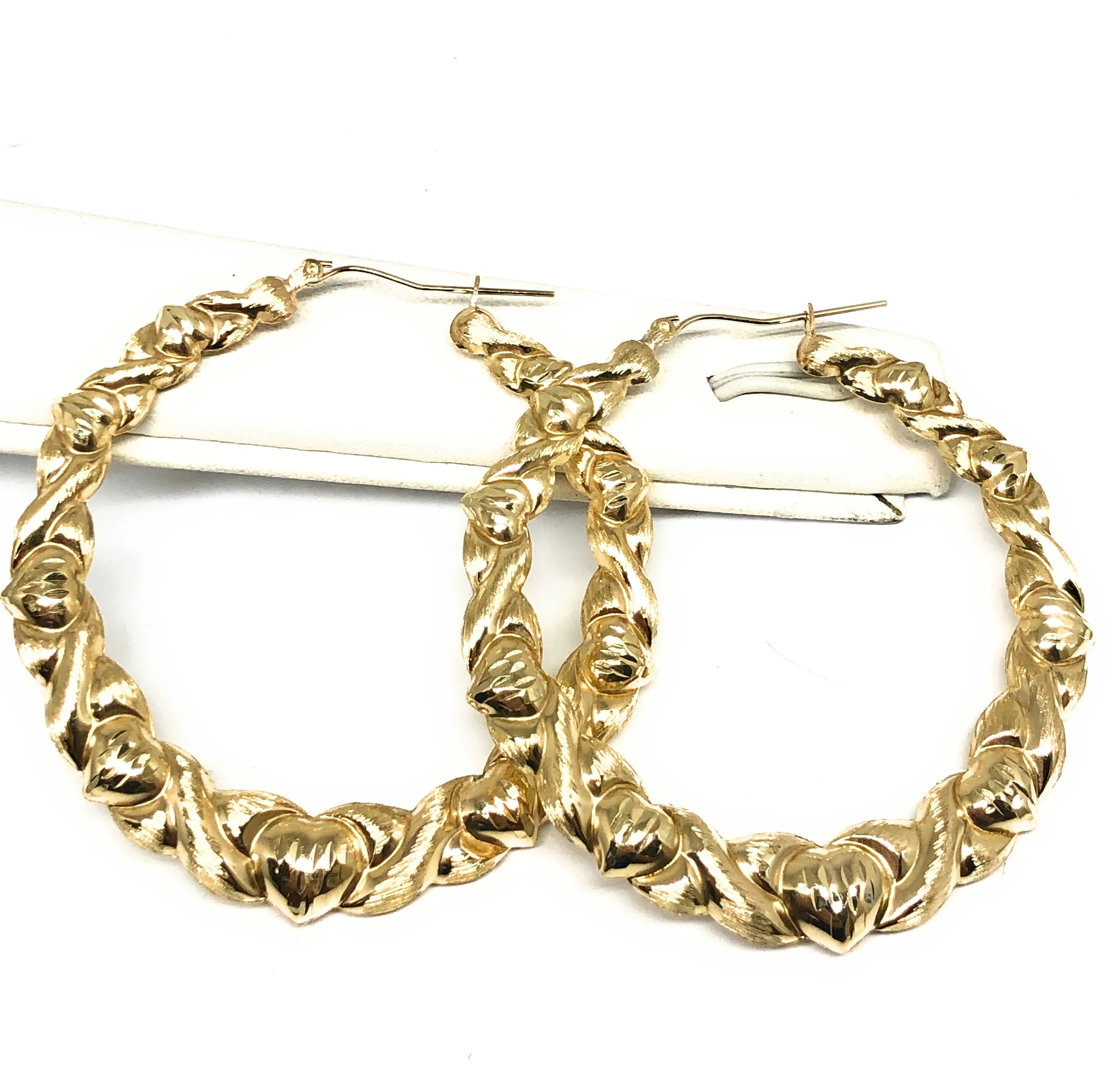 10k Solid Gold Yellow Twist Heart Hoop Earrings 1.5-2.5 INCH Arracadas