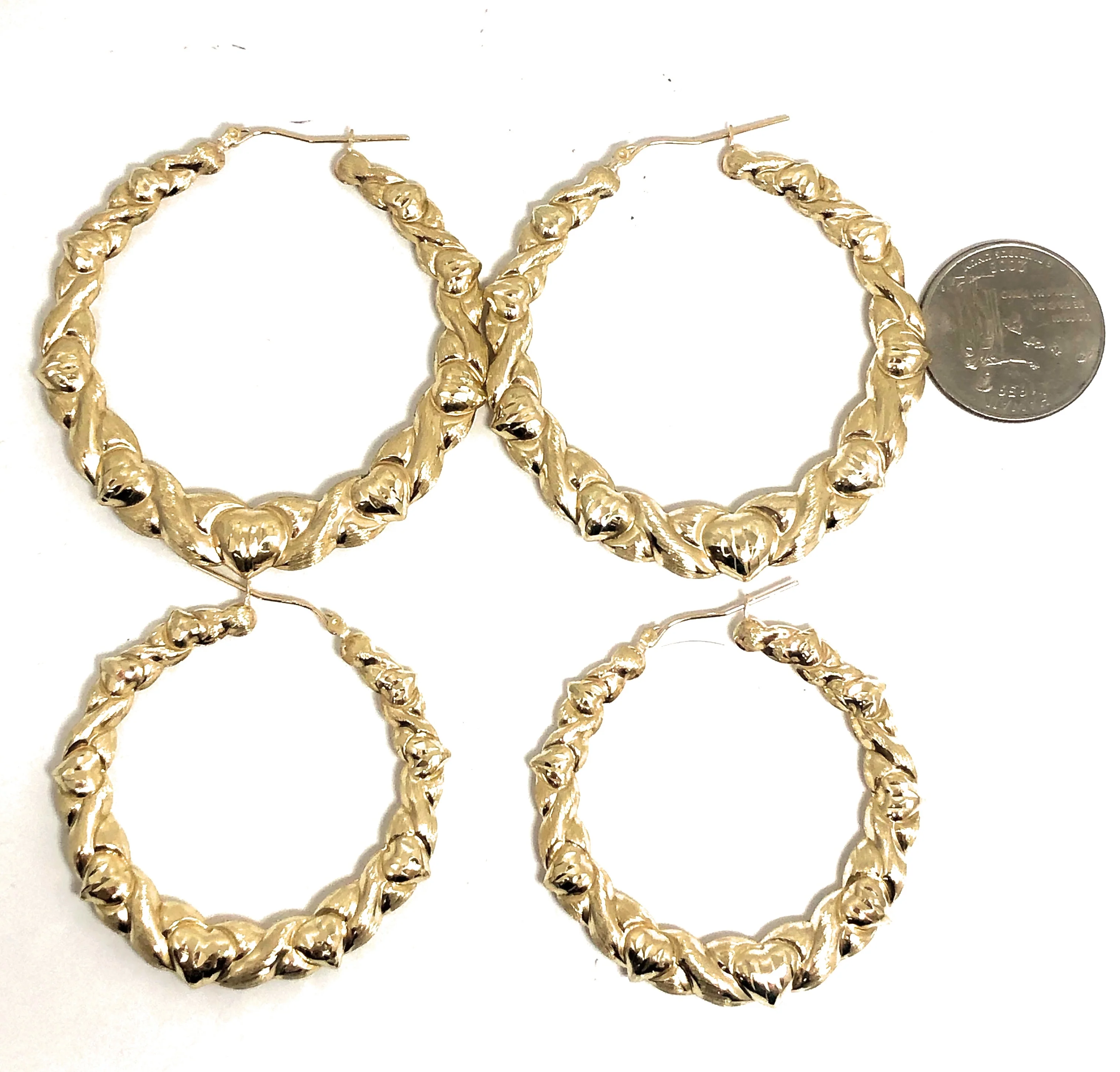 10k Solid Gold Yellow Twist Heart Hoop Earrings 1.5-2.5 INCH Arracadas - Image 2