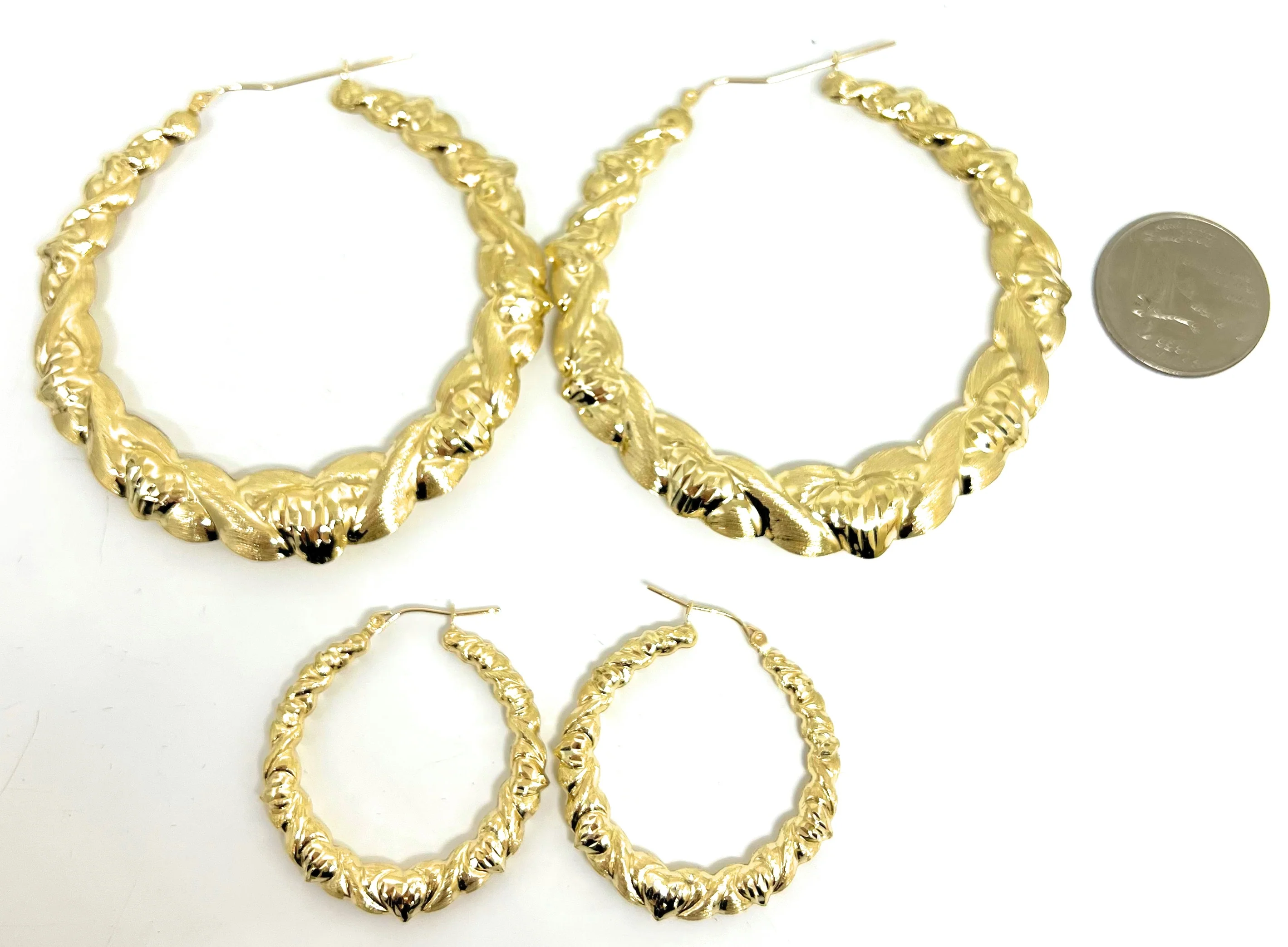 10k Solid Gold Yellow Twist Heart Hoop Earrings 1.5-2.5 INCH Arracadas - Image 3