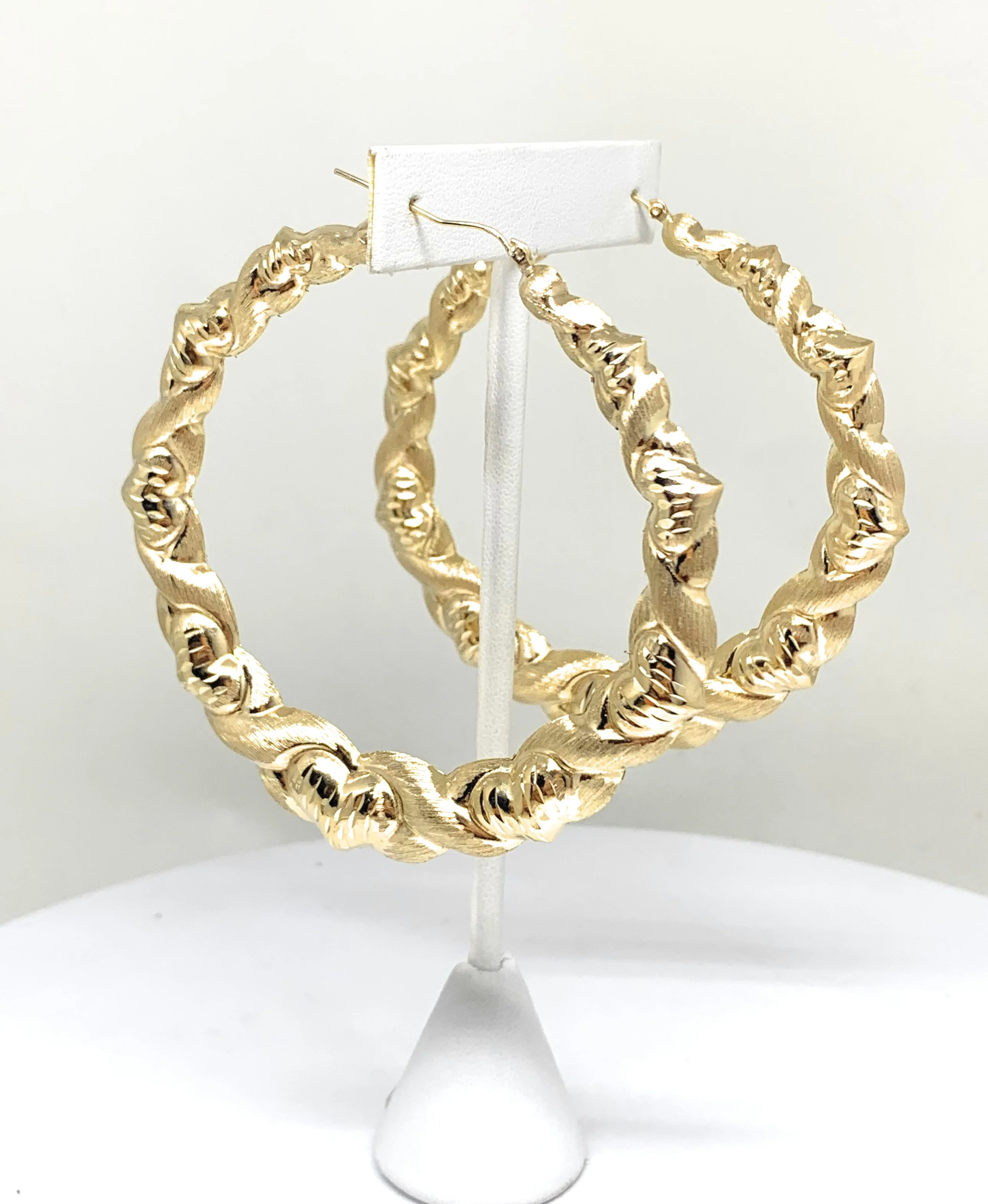 10k Solid Gold Yellow Twist Heart Hoop Earrings 3 INCH Arracadas - Image 6