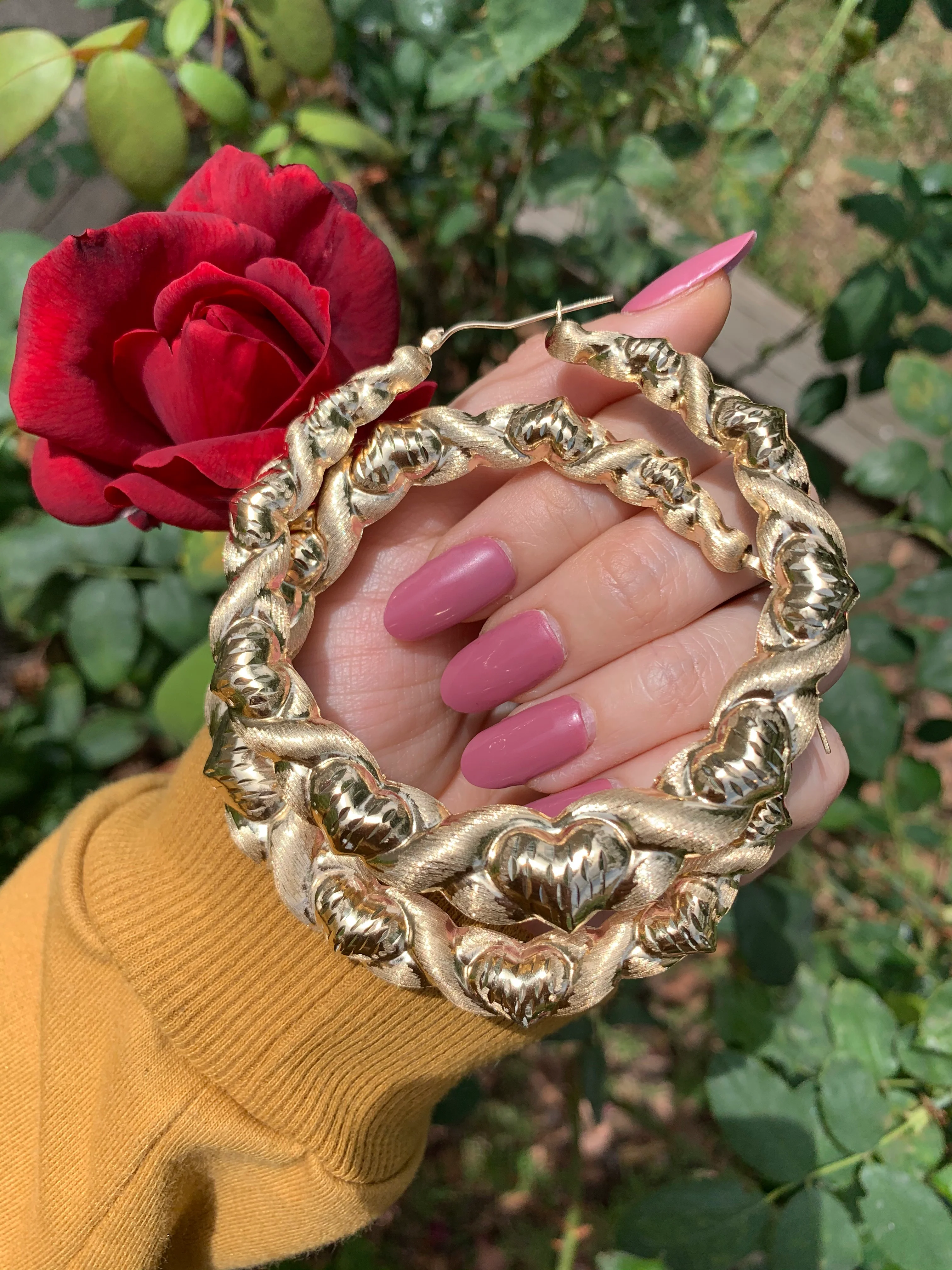 10k Solid Gold Yellow Twist Heart Hoop Earrings 3 INCH Arracadas - Image 7