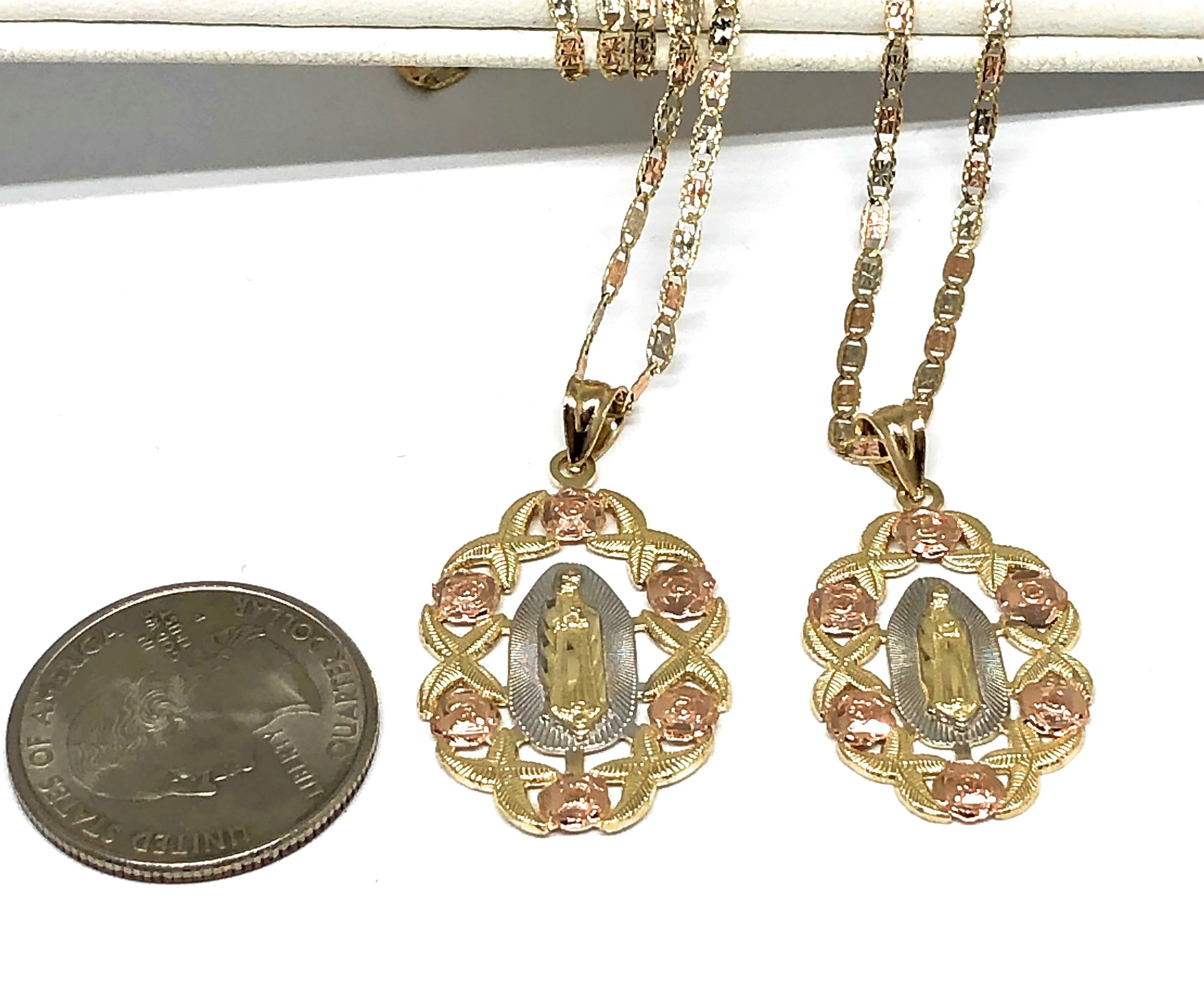 10k Solid Gold Yellow & Rose Gold Virrgin Mary Flower Pendant Necklace Virrgen Gaudalupe Valentina Chain (MED,LG) - Image 2