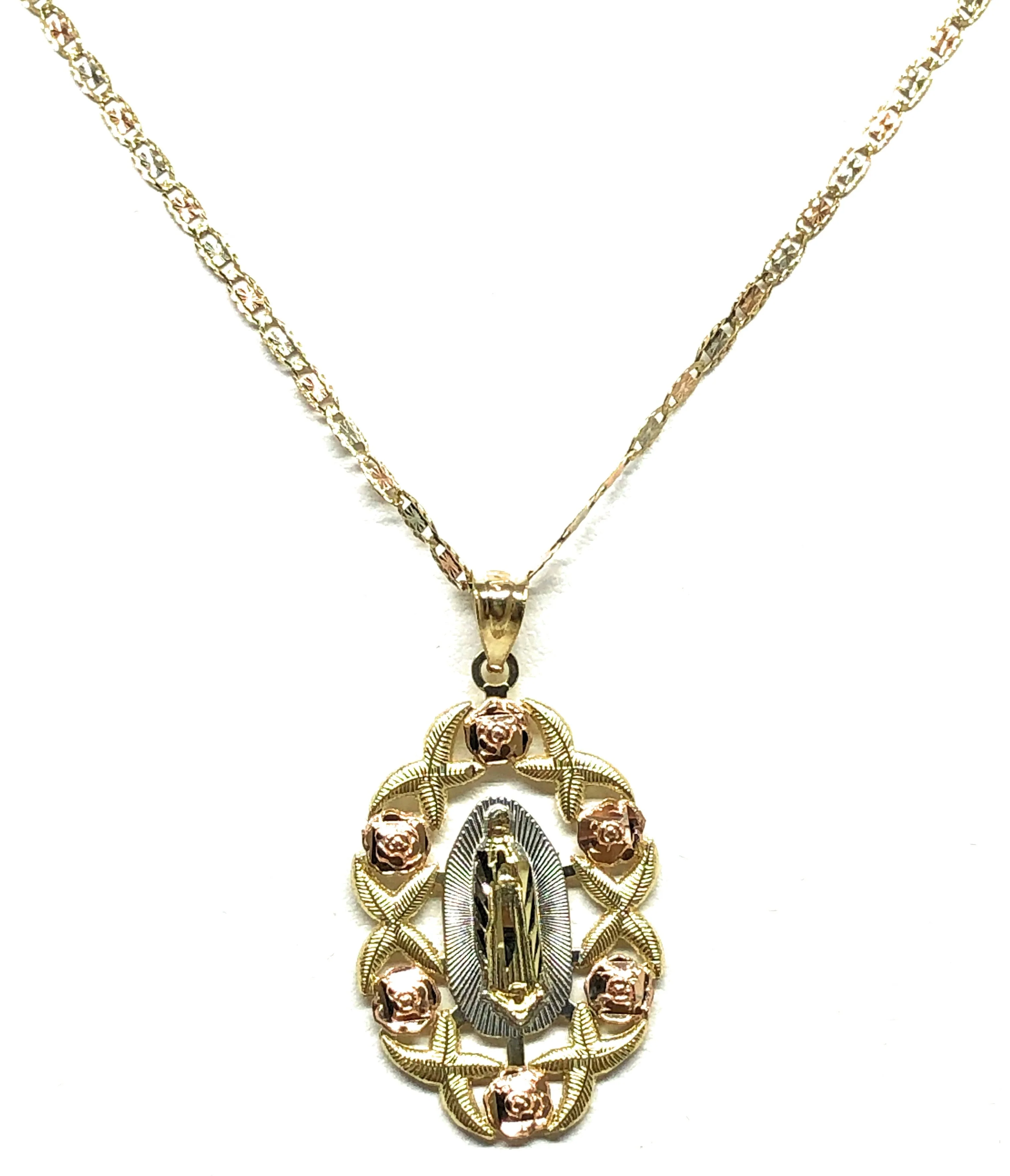 10k Solid Gold Yellow & Rose Gold Virrgin Mary Flower Pendant Necklace Virrgen Gaudalupe Valentina Chain (MED,LG) - Image 4
