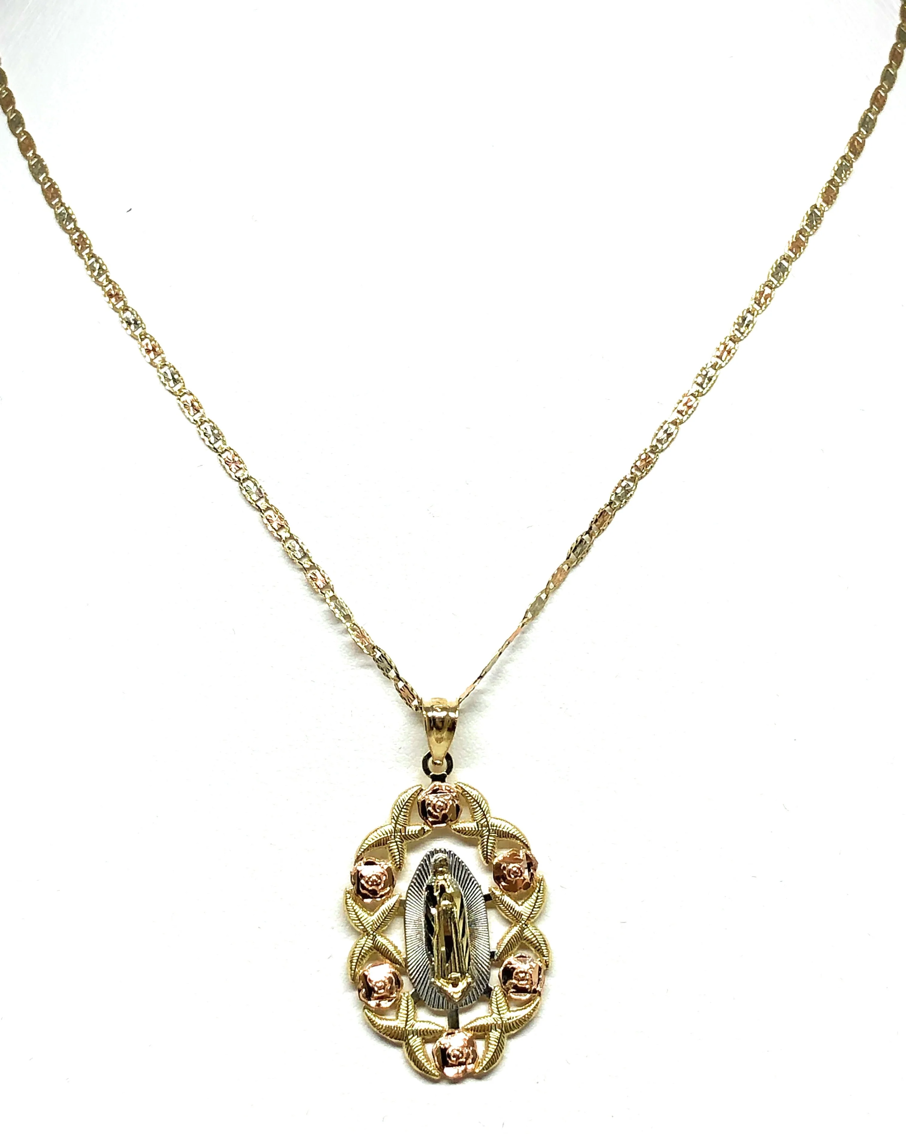10k Solid Gold Yellow & Rose Gold Virrgin Mary Flower Pendant Necklace Virrgen Gaudalupe Valentina Chain (MED,LG) - Image 5