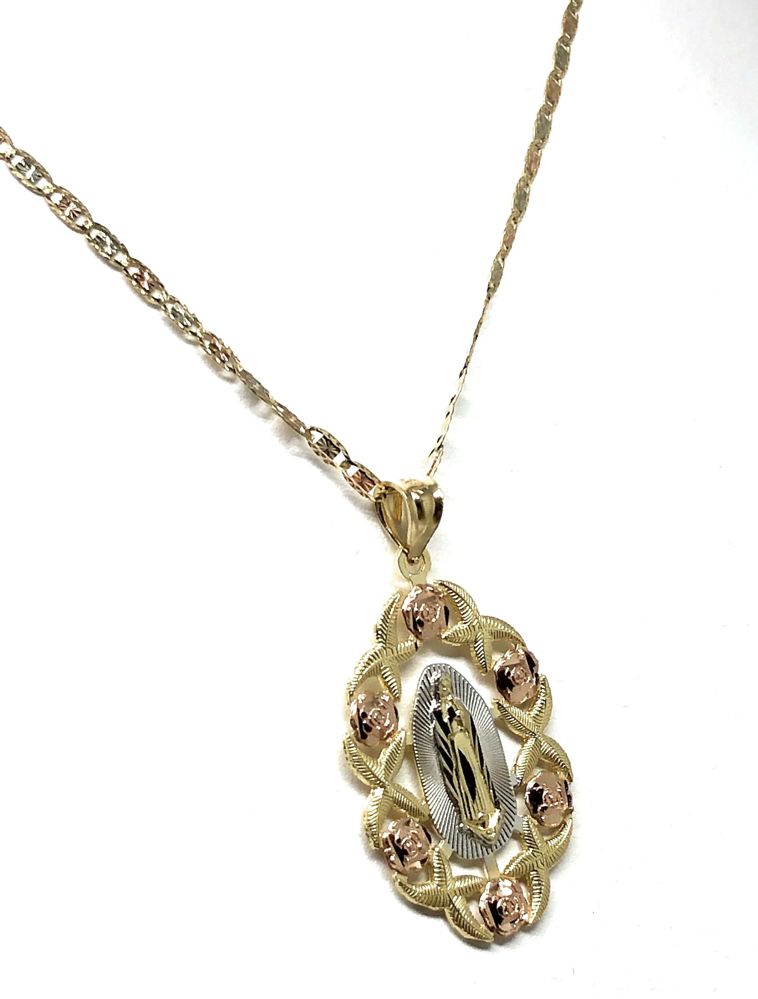 10k Solid Gold Yellow & Rose Gold Virrgin Mary Flower Pendant Necklace Virrgen Gaudalupe Valentina Chain (MED,LG) - Image 6