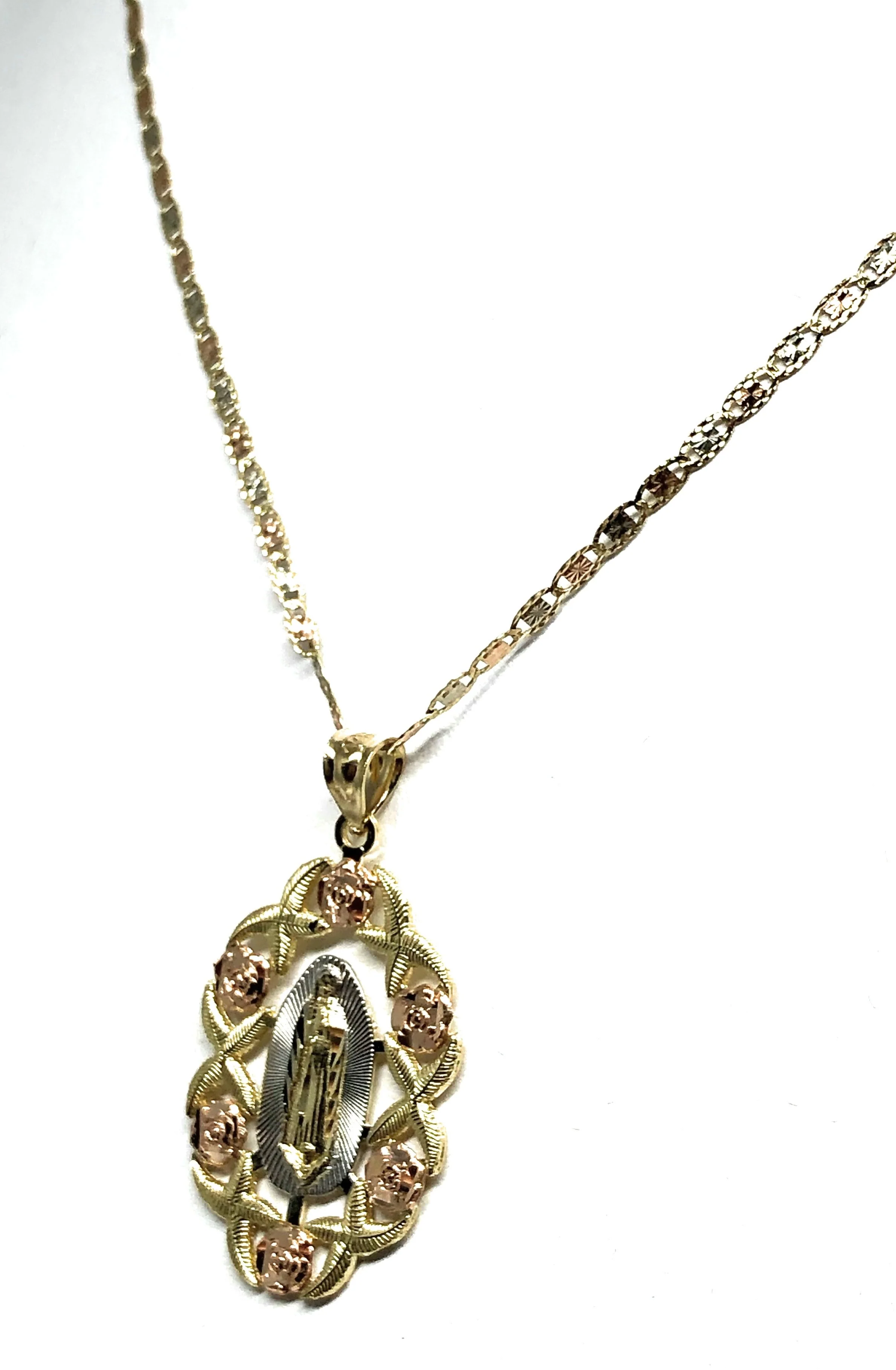10k Solid Gold Yellow & Rose Gold Virrgin Mary Flower Pendant Necklace Virrgen Gaudalupe Valentina Chain (MED,LG) - Image 7