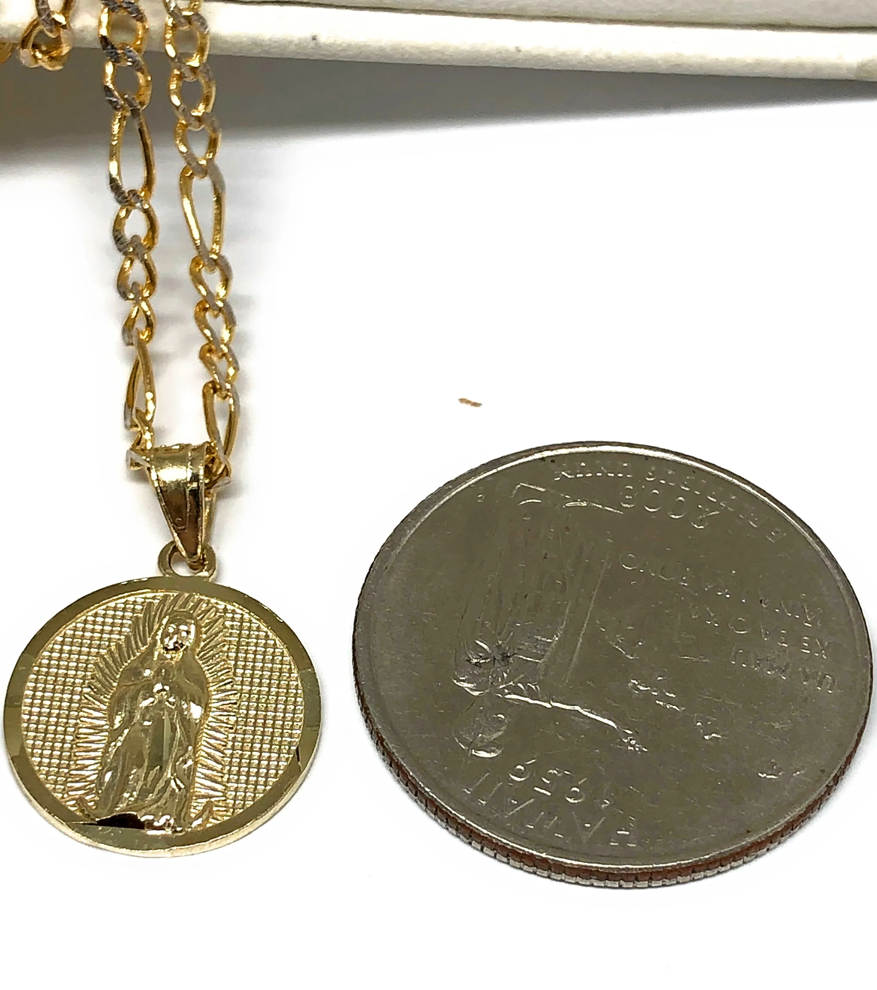 10k Solid Gold Yellow Virrgin Mary Virrgen Guadalupe Round Pendant Figaro Chain (SMALL) - Image 2